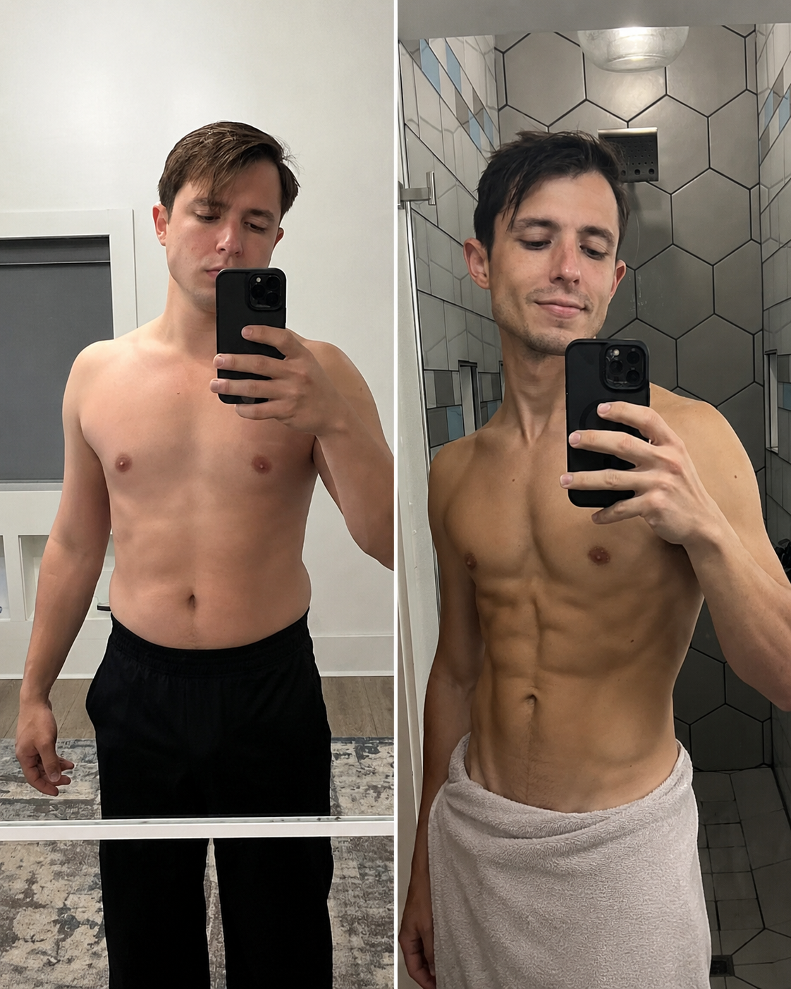 Comparación lado a lado de un hombre sin camisa antes y después de una transformación corporal. La foto de la izquierda muestra a un hombre con un físico más suave, usando pantalones negros.