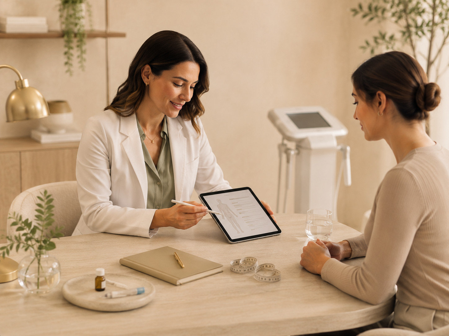 Una mujer con un blazer blanco y una mujer con un suéter beige sentadas a la mesa durante una consulta con un profesional de la salud.