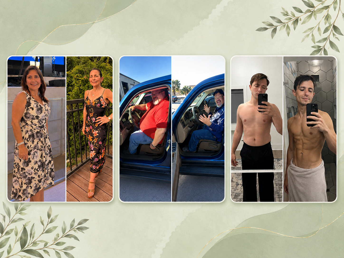 Collage de seis fotos que muestra diferentes personas en distintos entornos: dos mujeres con vestidos al aire libre, dos hombres sentados en carros en diferentes lugares y dos hombres sin camisa tomándose selfies en un espejo en interiores.