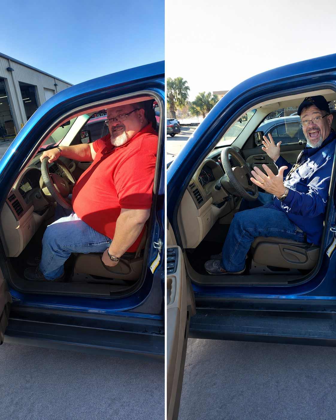 Fotos lado a lado de dos hombres sentados en el asiento del conductor de una camioneta azul. El hombre de la izquierda parece serio y lleva una camisa roja, mientras que el hombre de la derecha sonríe y gesticula con entusiasmo, vistiendo una chaquet