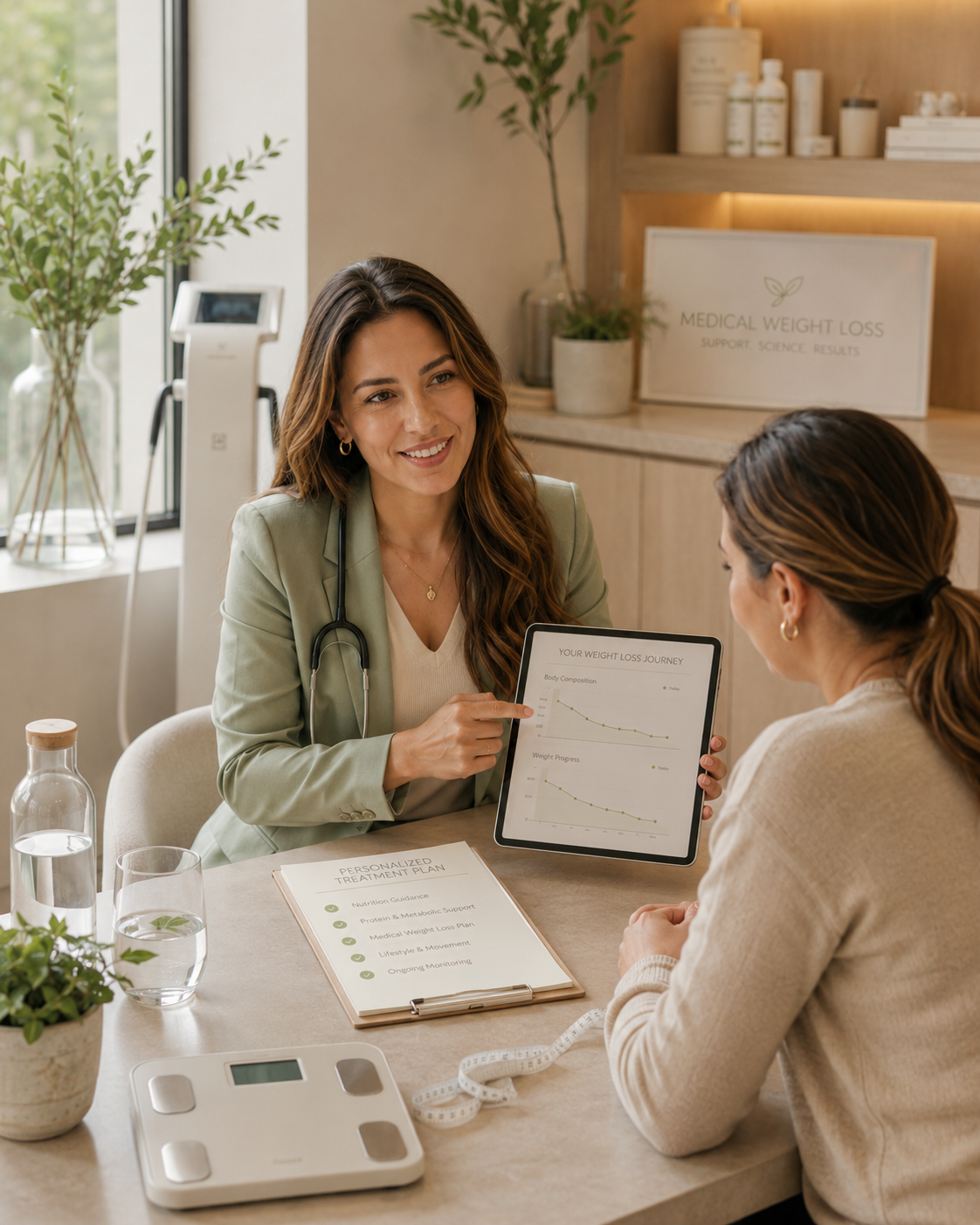 Un profesional de la salud le muestra a una cliente la gráfica de su progreso en pérdida de peso en una tableta durante una consulta en una clínica moderna con luz natural, plantas verdes y suministros médicos.