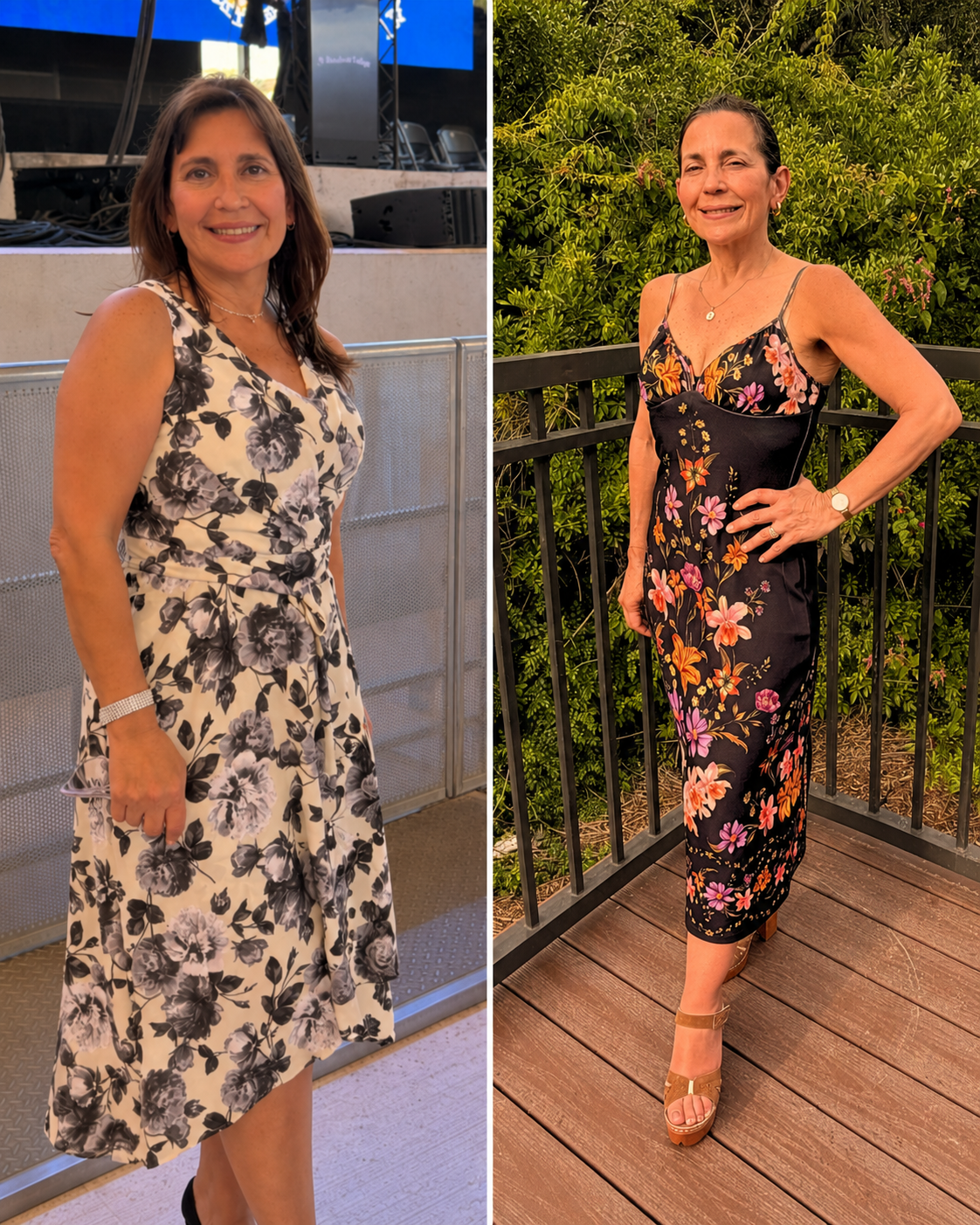 Fotos lado a lado de una mujer usando vestidos florales en diferentes entornos. En la foto de la izquierda, está en un espacio interior para eventos con un escenario e iluminación azul, usando un vestido floral blanco y negro. En la foto de la derech