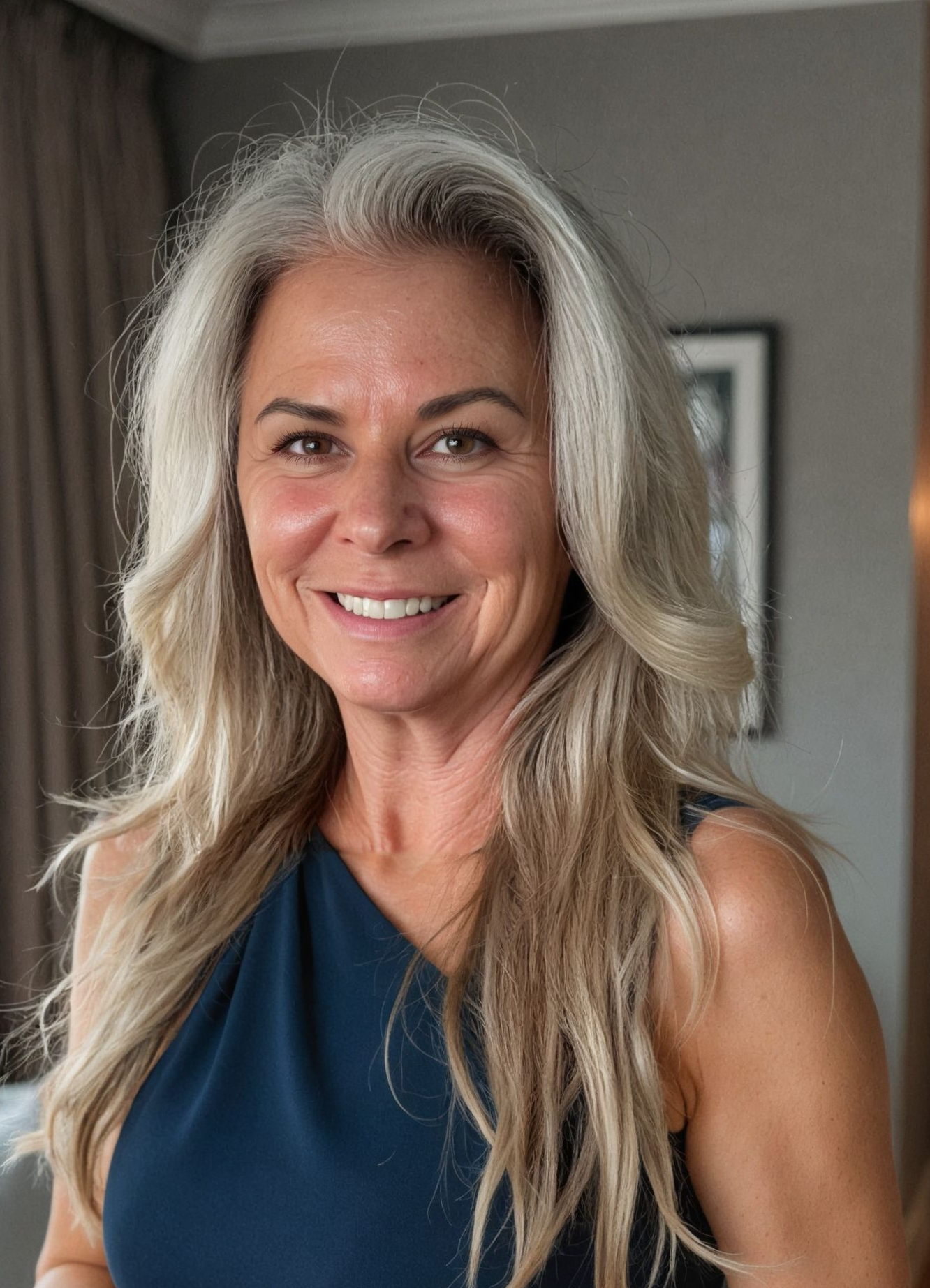 A smiling woman with long, wavy, blonde hair and light skin, wearing a dark blue sleeveless top, in a room with gray walls and a framed picture in the background.