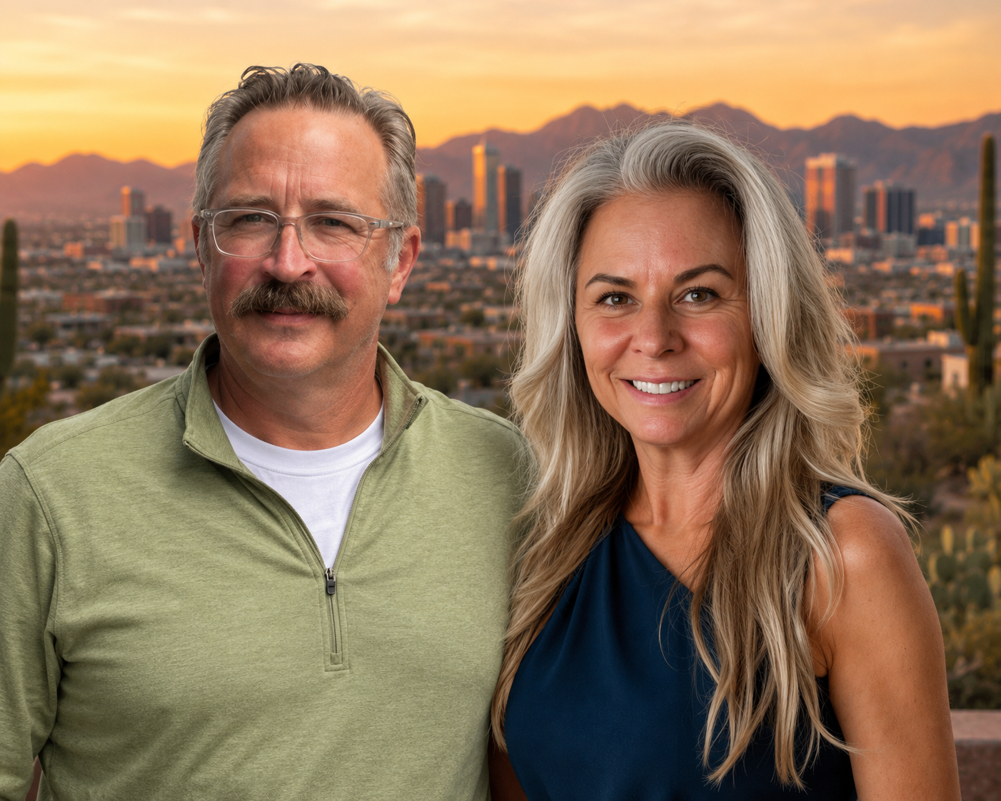A smiling middle-aged man with glasses and a mustache, wearing a light green jacket, standing next to a smiling middle-aged woman with long blonde hair, wearing a blue sleeveless top, with a city skyline and mountains in the background during sunset.