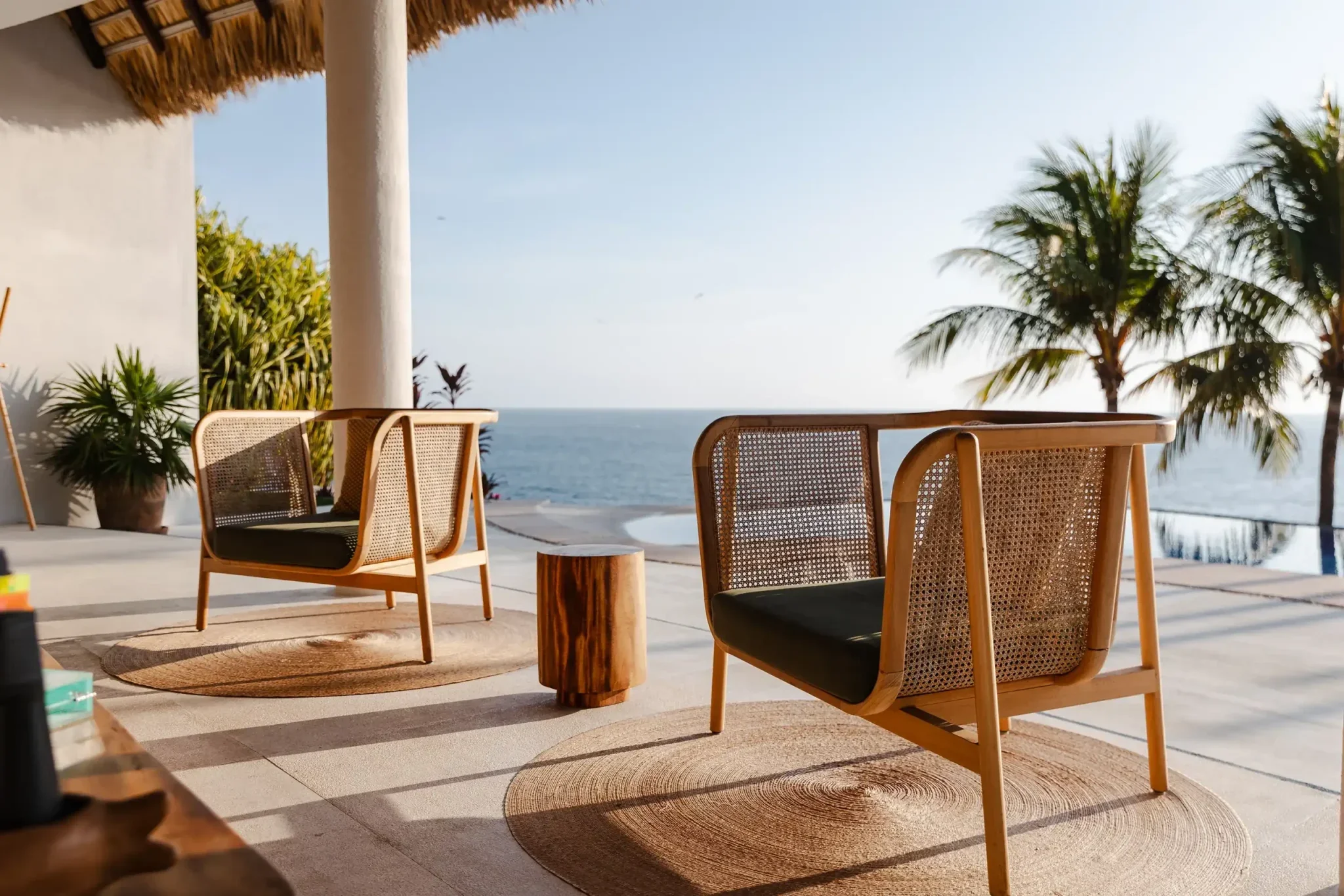 Outdoor seating area overlooking the ocean, with wooden chairs, a small wooden table, potted plants, and palm trees, under a thatched roof.