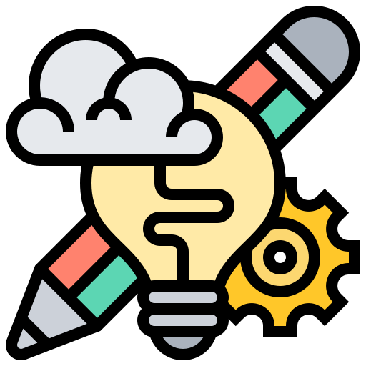 Symbolische Darstellung eines kreativen Denkprozesses mit einer Glühbirne, Wolken, Bleistiften und Zahnrädern.