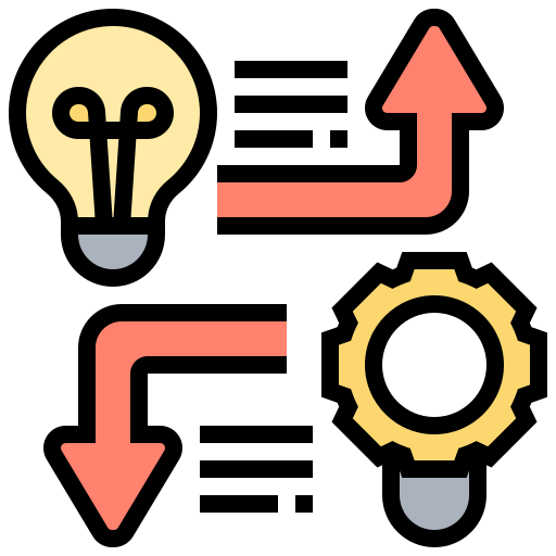 Illustration mit Glühbirne, flachem Boden, Pfeil nach oben, Pfeil nach unten und Zahnrad, Symbole für Idee, Prozess und Mechanik.