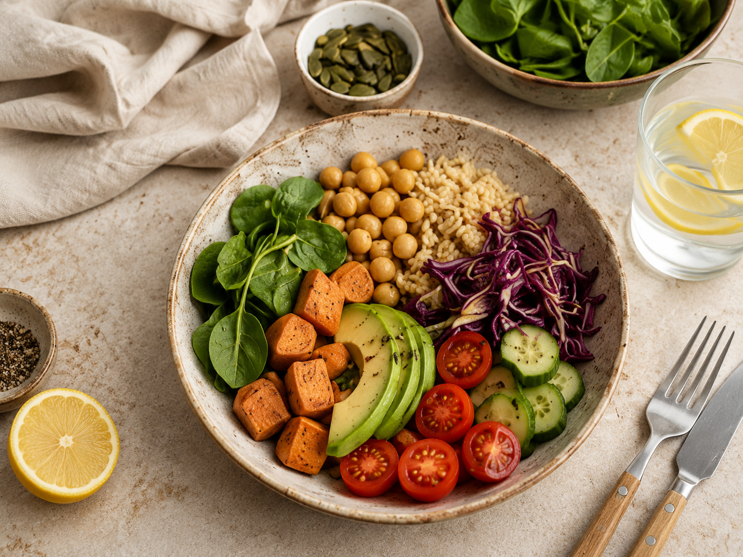 Bol de salade composé de tomates cerises, concombre, avocat, chou rouge, pois chiches, cubes de tofu, épinards, graines de pumpkin, et céréales. Accompagné d'un verre d'eau citronnée avec des tranches de citron.