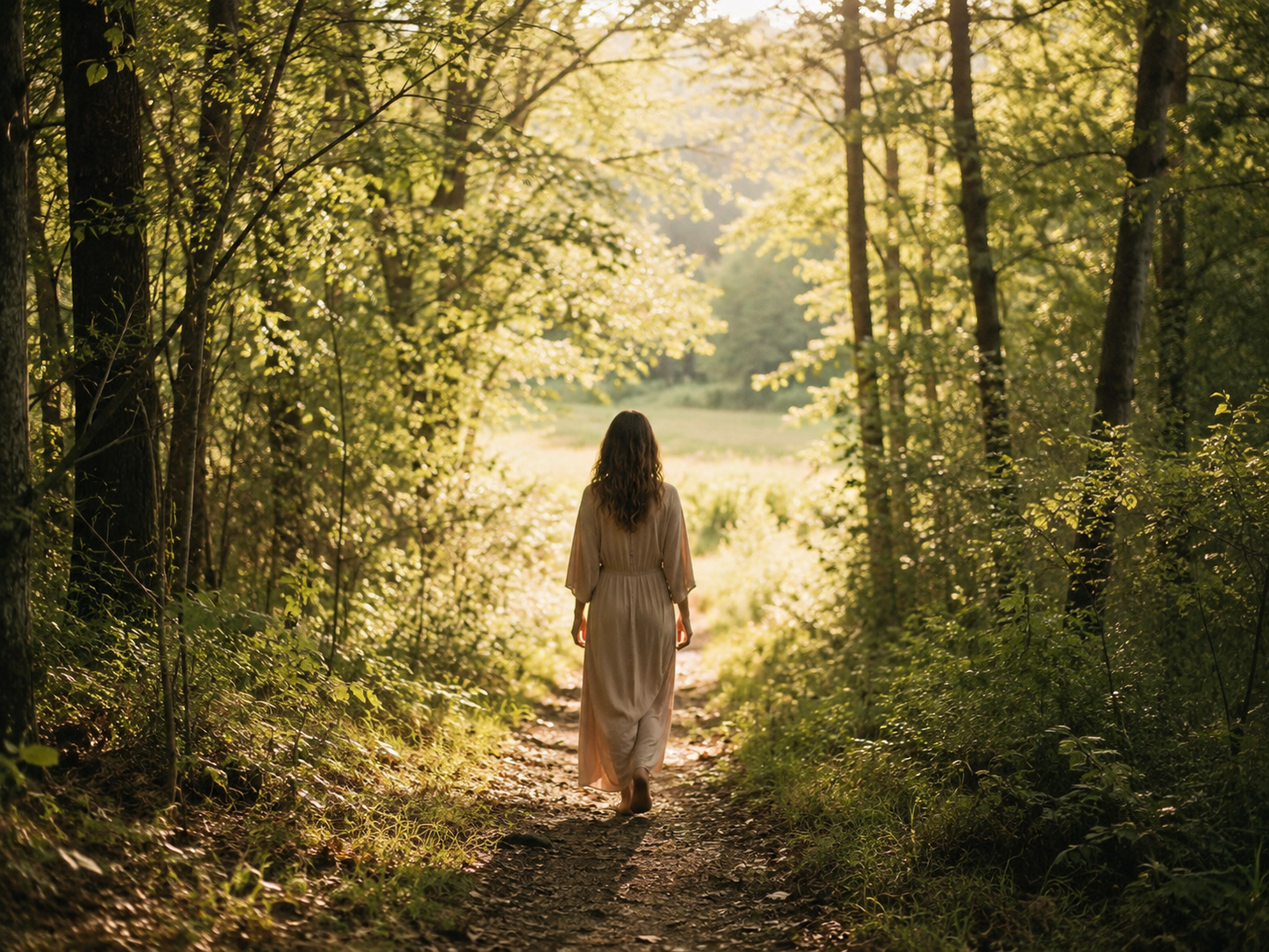 Une femme avec des cheveux longs marche sur un sentier forestier en direction d'une prairie ensoleillée, entourée d'arbres verts.
