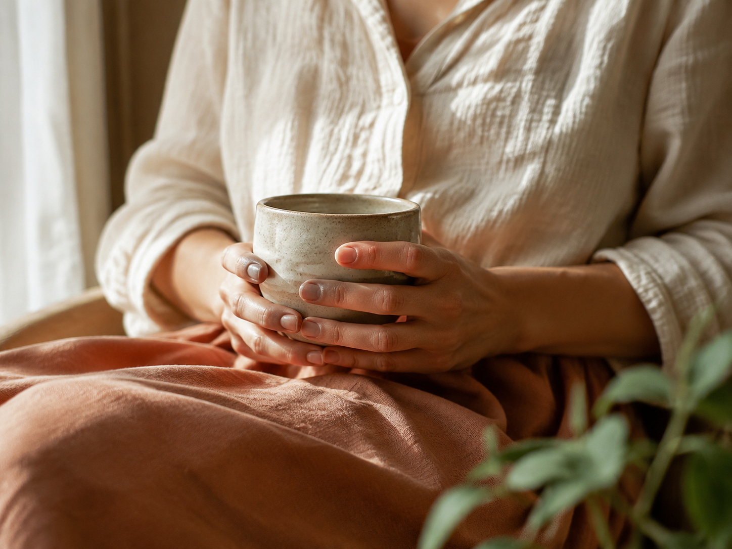 Personne tenant une tasse en dressant une robe beige avec une manche roulée, assise près d'une fenêtre avec une plante à proximité.