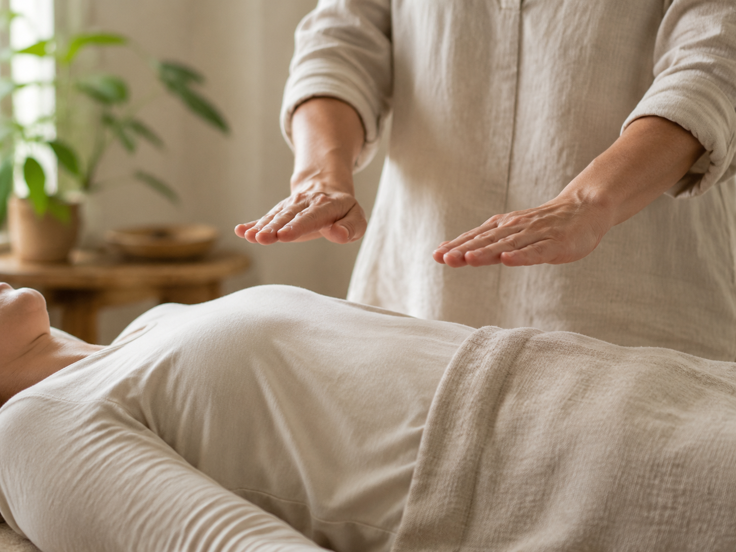 Personne recevant une séance de relaxation ou de massage, allongée sur un lit avec un praticien qui effectue un massage ou une technique de relaxation. Décor intérieur avec plante verte en arrière-plan.