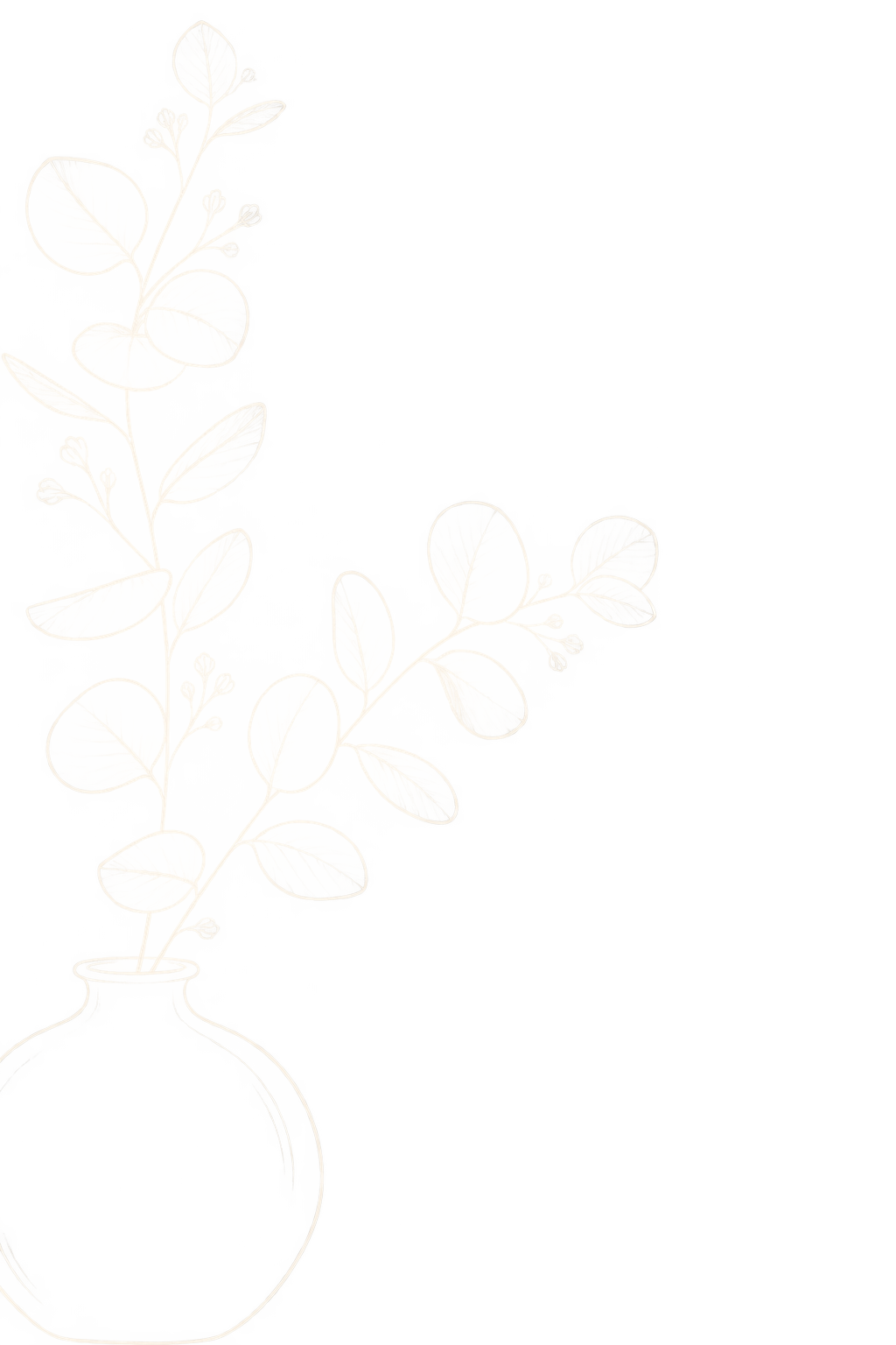 Une illustration minimaliste d'un vase avec des branches de feuilles, dessinée avec des contours lumineux blancs et un fond neutre.