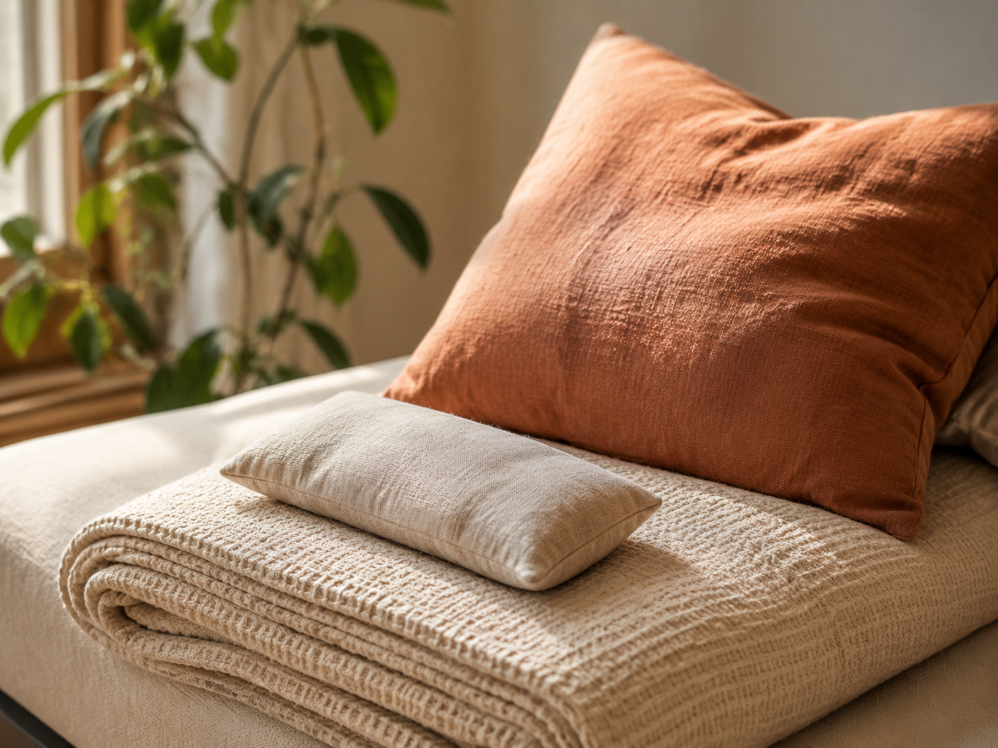 Un lit avec des oreillers en lin orange et beige, une couverture en tricot beige, une plante verte à côté d'une fenêtre à l'arrière-plan.