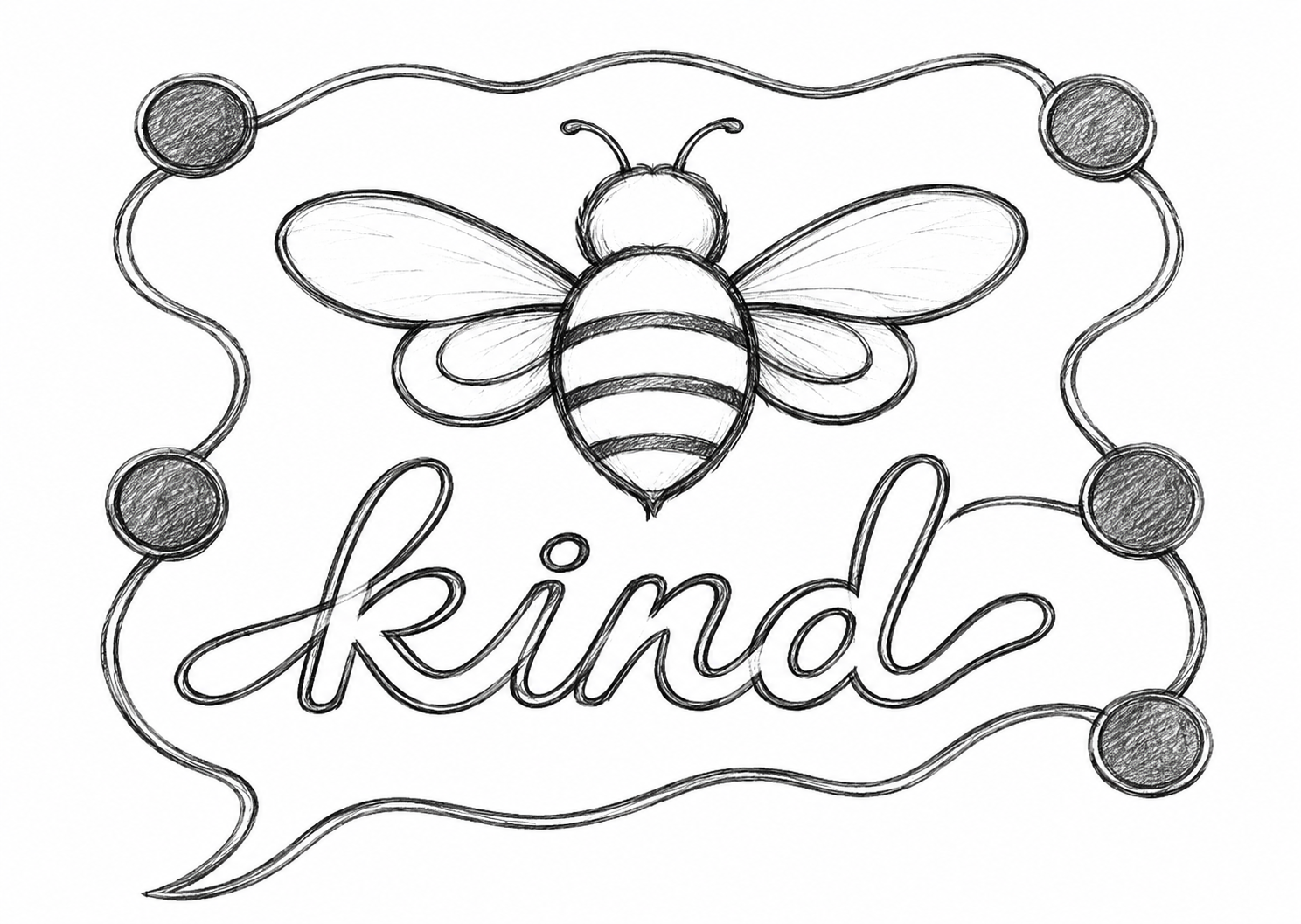 Black and white sketch of a bee with the word 'kind' written below, surrounded by a decorative frame.