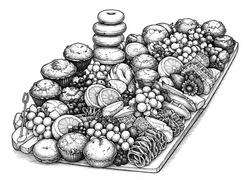 Black and white drawing of a cheese and snack platter with muffins, grapes, lemon slices, crackers, vegetables, and toppings on a wooden board.