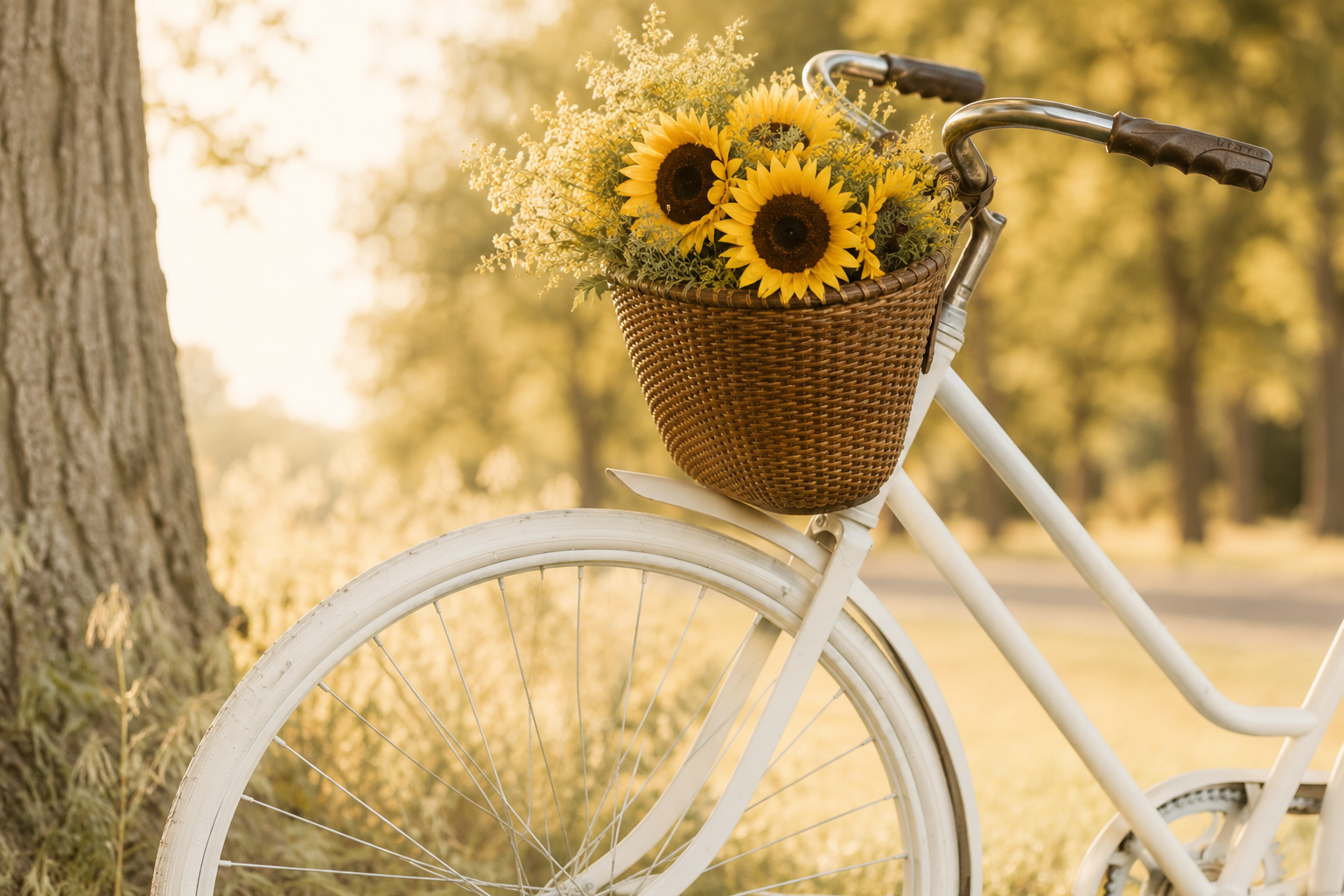 A white bicycle with a woven basket filled with sunflowers and small yellow flowers, parked outdoors with trees and warm sunlight in the background.