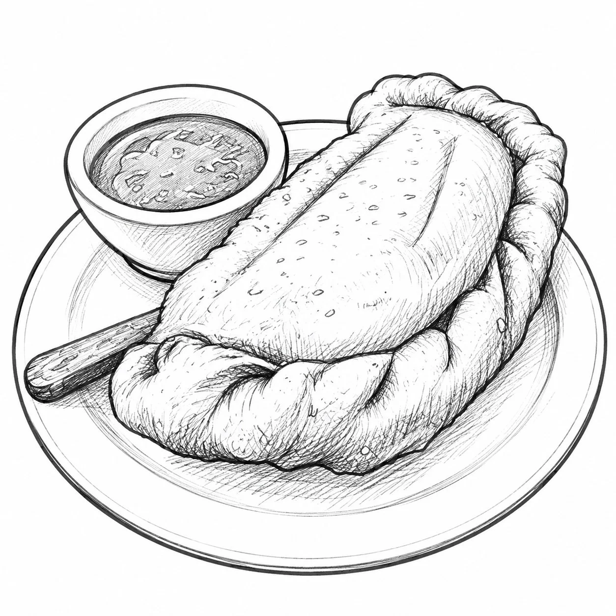 Black and white sketch of a taco with a side of salsa in a small bowl on a round plate.