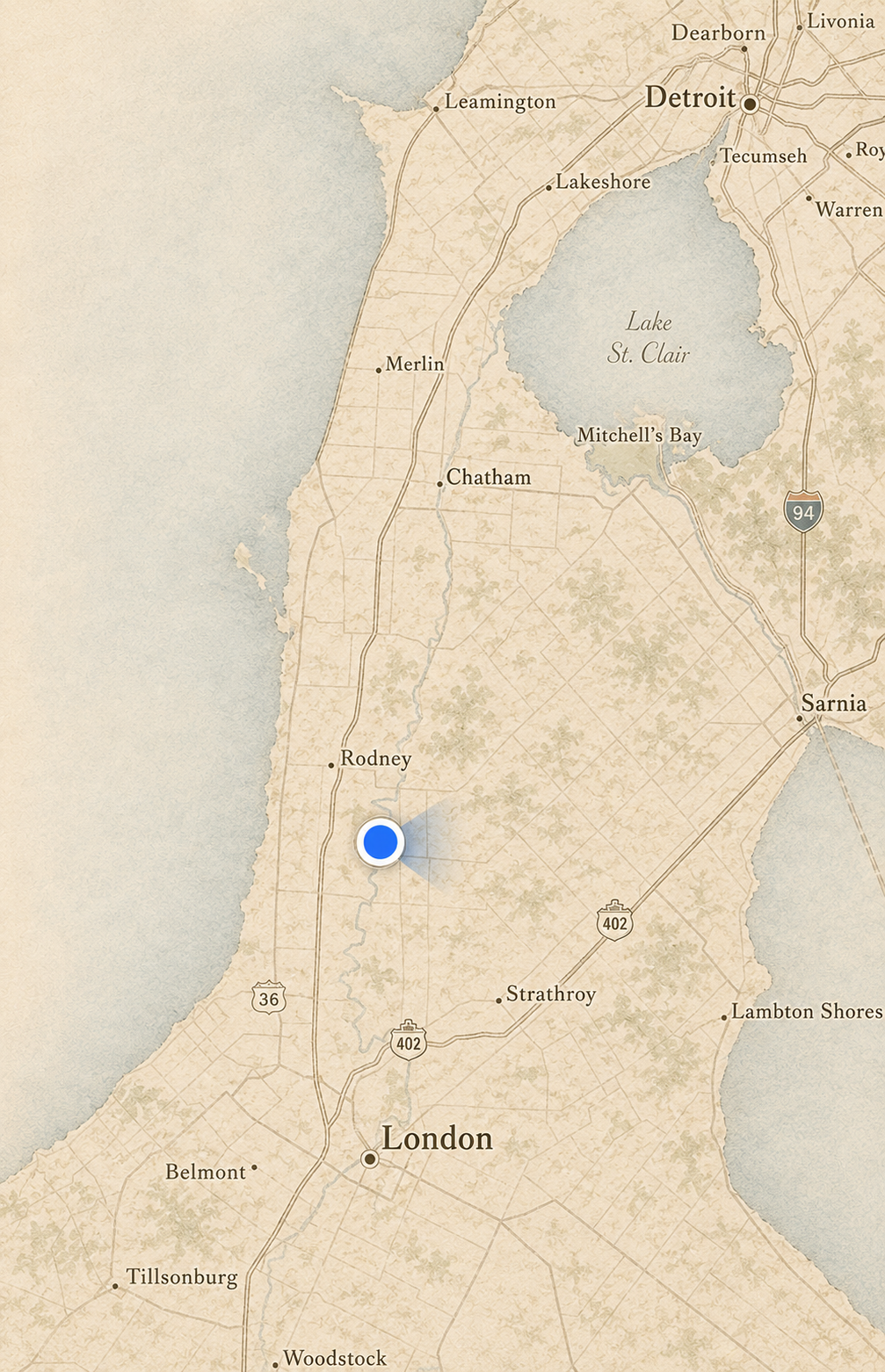 Map showing a location near Rodney, Michigan, with a blue dot and surrounding areas including Detroit, Livonia, Dearborn, Lakeshore, Lake St. Clair, Mitchell's Bay, Sarnia, and London.