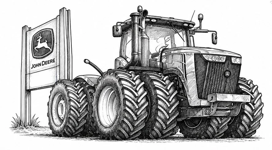 Black and white illustration of a large John Deere tractor parked in front of a John Deere sign.
