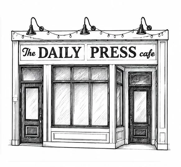 Black and white sketch of a cafe storefront named 'The Daily Press' with large windows, two doors, and string lights above.