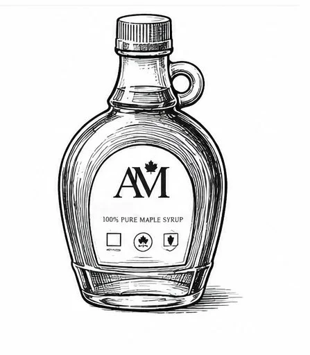Black and white sketch of a bottle of pure maple syrup with a handle, label reading "AM" with a maple leaf, and icons indicating product details.