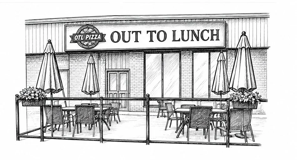 Black and white illustration of an outdoor patio area with tables, chairs, and umbrellas, outside a pizza restaurant called OTL Pizza with a large sign that reads 'OUT TO LUNCH'.
