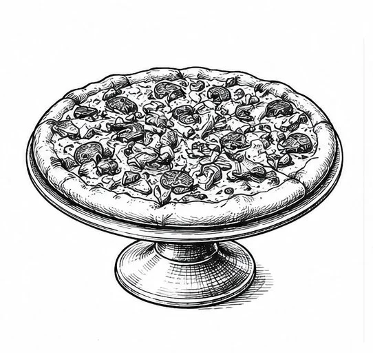 Black and white sketch of a pizza on a stand, topped with various ingredients like pepperoni, vegetables, and cheeses.