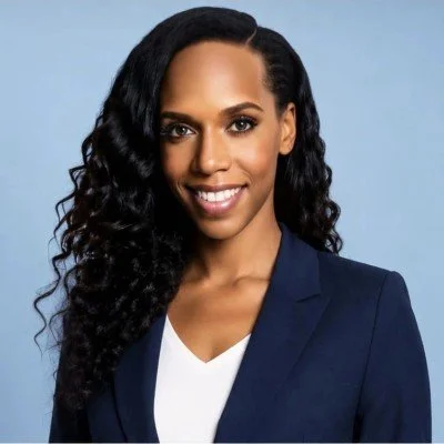Une femme souriante avec des cheveux bouclés longs, portant un blazer bleu et une chemise blanche, contre un fond bleu clair.