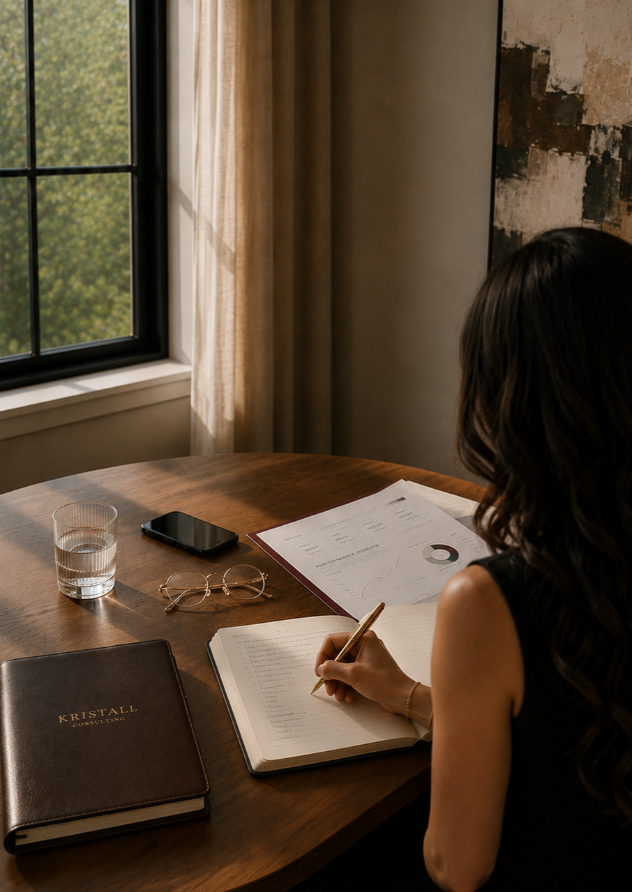 Robin Kristall reviewing marketing analytics and business strategy at her workspace
