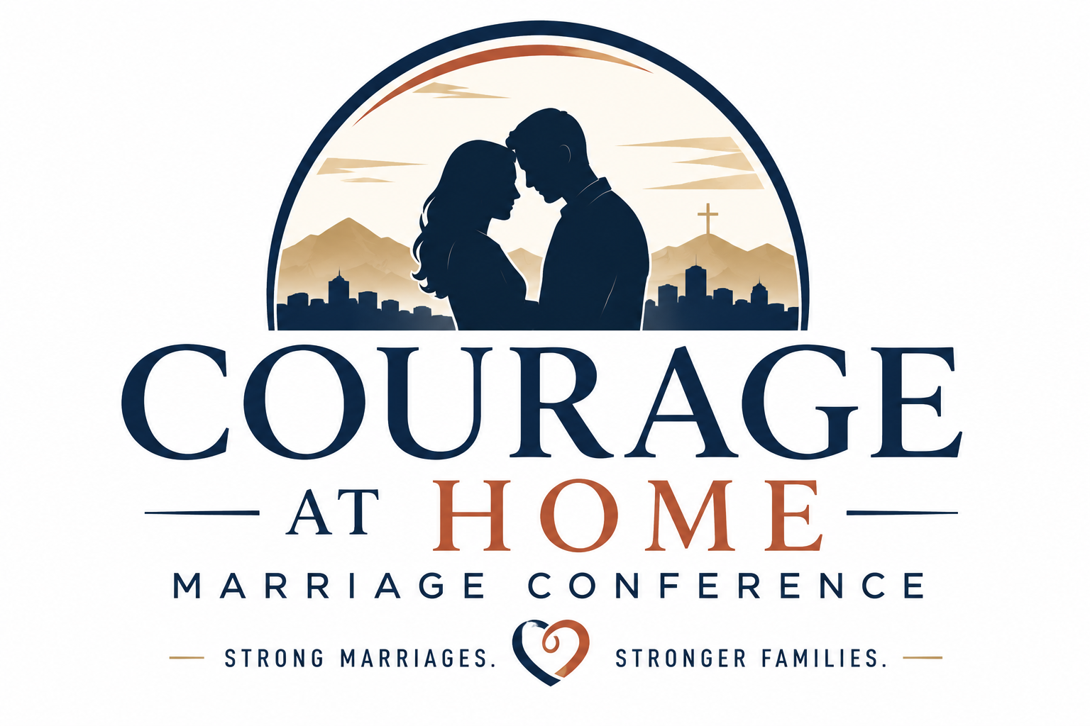 Silhouetted couple standing close together, with a city skyline, mountains, and a cross in the background, promoting a marriage conference titled "Courage at Home".