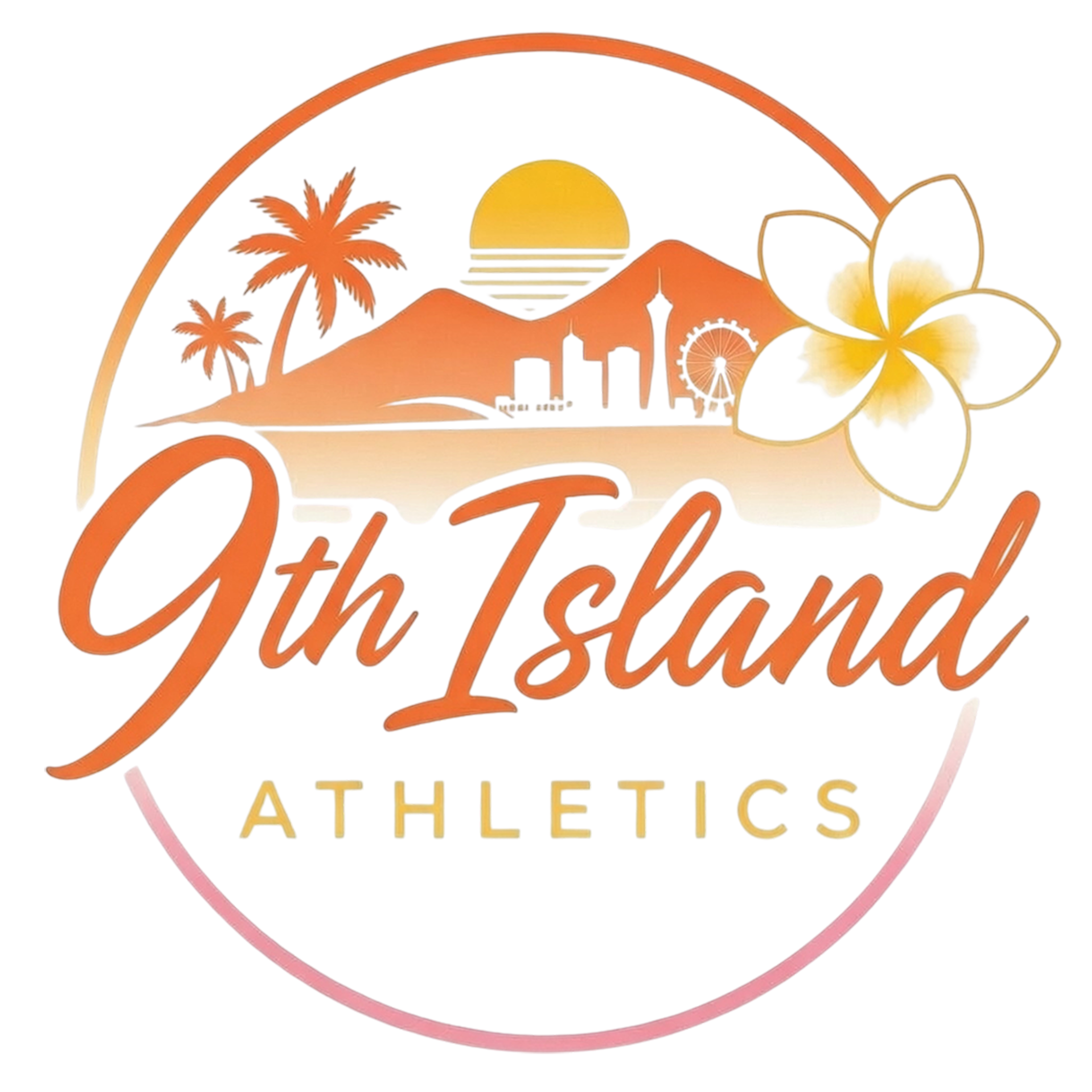 Orange, yellow and pink design with a sun setting behind the mountains of the Las Vegas skyline, Hawaiian palm trees and a plumeria flower with "9th Island Athletics". Referring to how Las Vegas is considered the 9th island of Hawaii