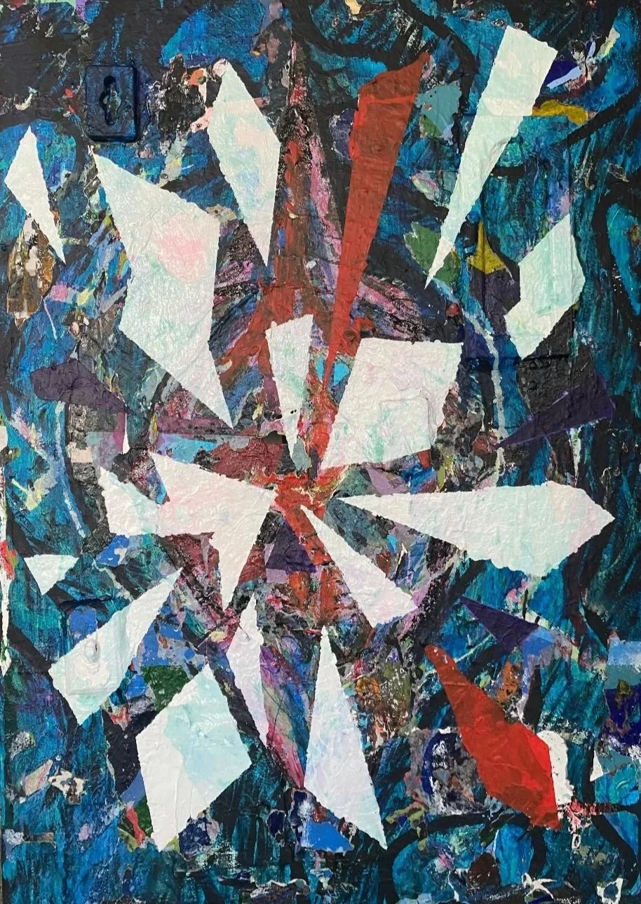 An expressive, layered painting of a fractured shape. Behind it are swirling brushstrokes in blues, purples and reds.