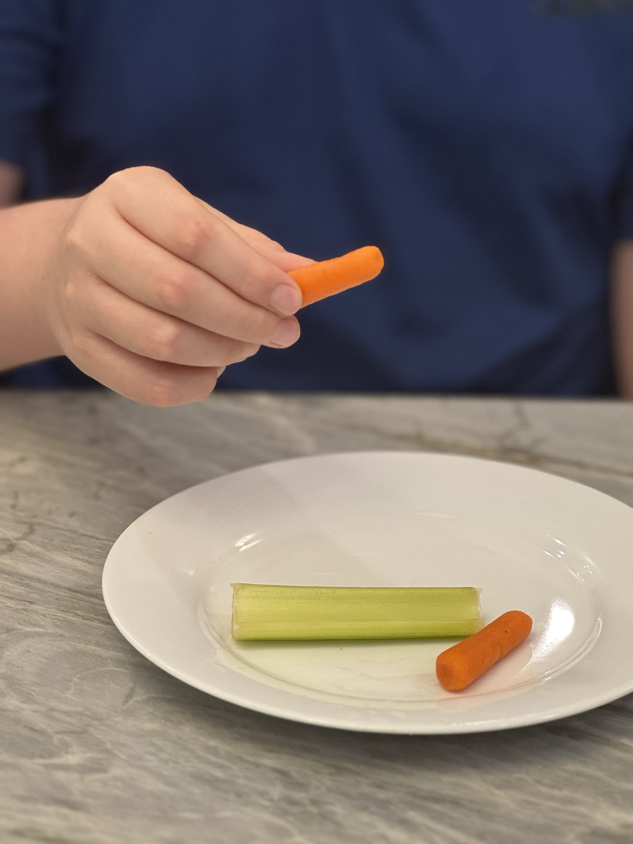 A person's hand holding a small orange carrot above a white plate with a strip of celery and another small orange carrot nearby, on a wooden table.