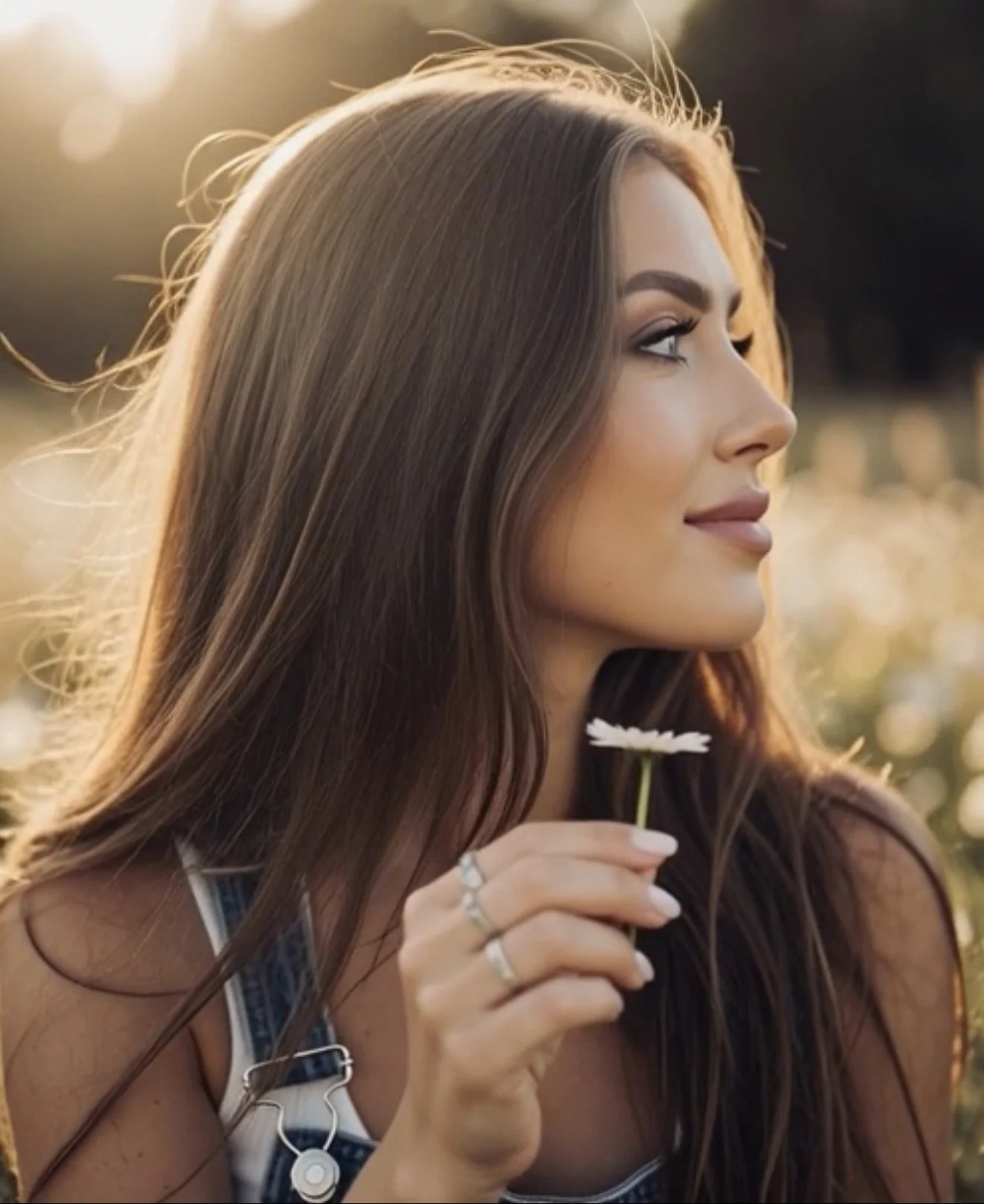 side portrait of woman holding small white flower in a field