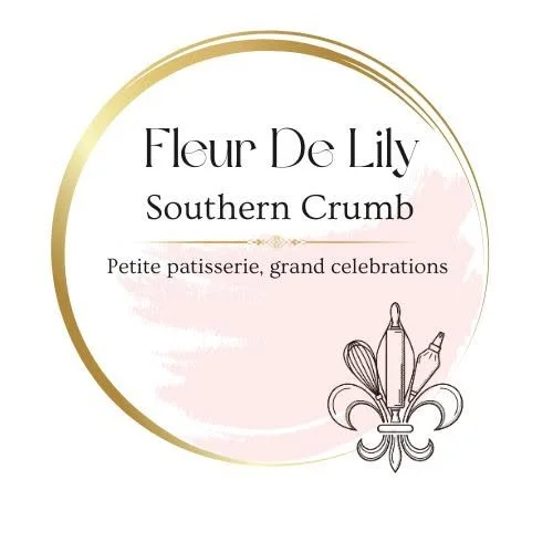 Logo for Fleur De Lily Southern Crumb featuring a fleur de lis with a whisk, rolling pin, and piping bag incorporated. This symbol and gold and blush colors represent elegance for sophisticated desserts.
