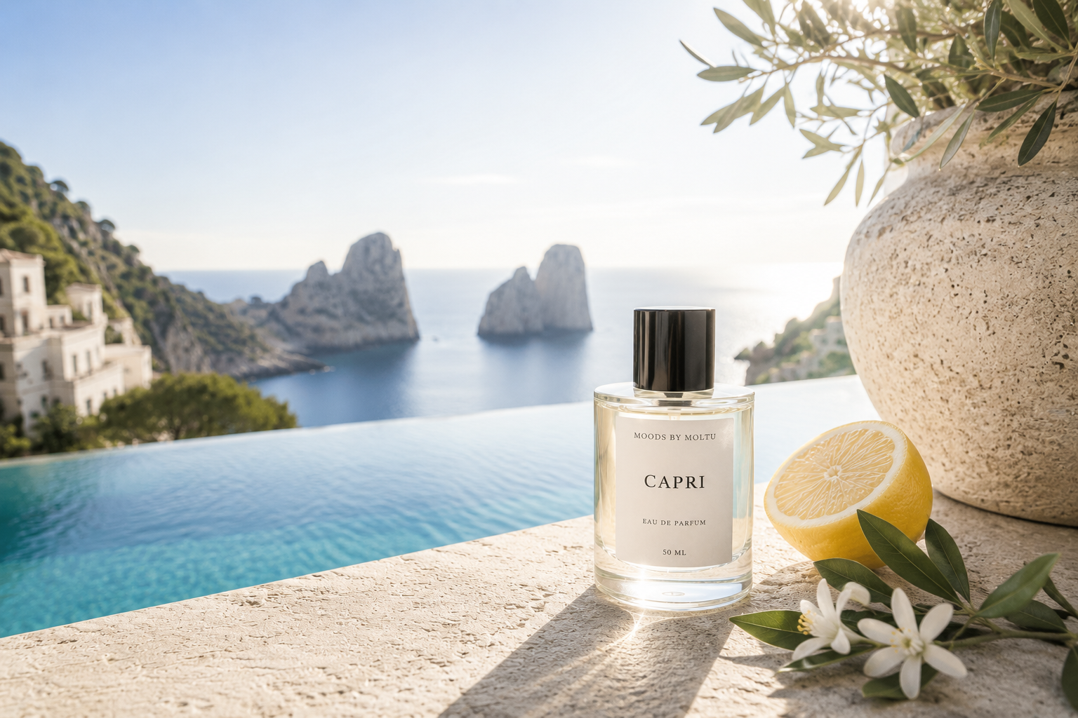 A perfume bottle labeled 'CAPRI' placed on a stone surface next to a halved lemon and a white flower, with a large stone pot holding greenery nearby, against a backdrop of an infinity pool overlooking the sea and rocky islands in the distance.