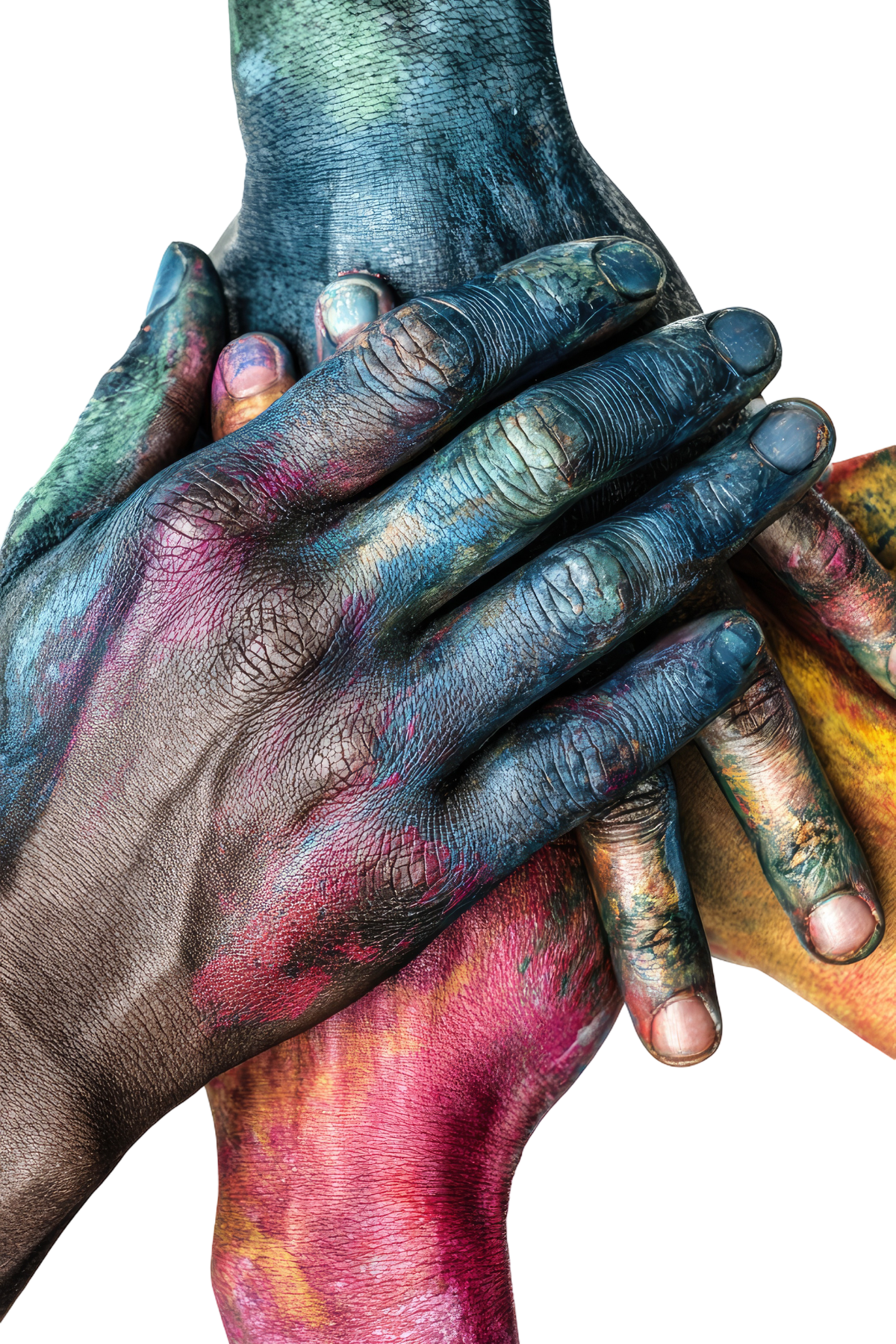 Close-up of  multi-ethnic community hands stacked on each other, painted with various vibrant colors representing equality, unity, and belonging.