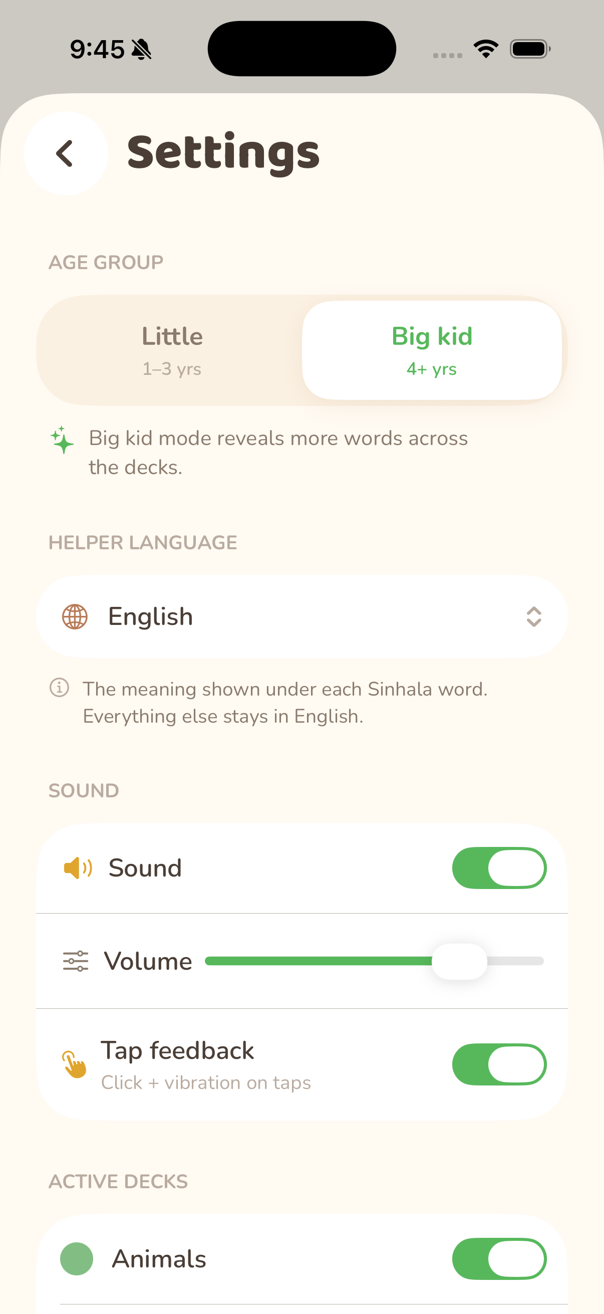 Screenshot of a mobile device displaying a settings menu for an app, with options for age group, language, sound, tap feedback, and active decks.