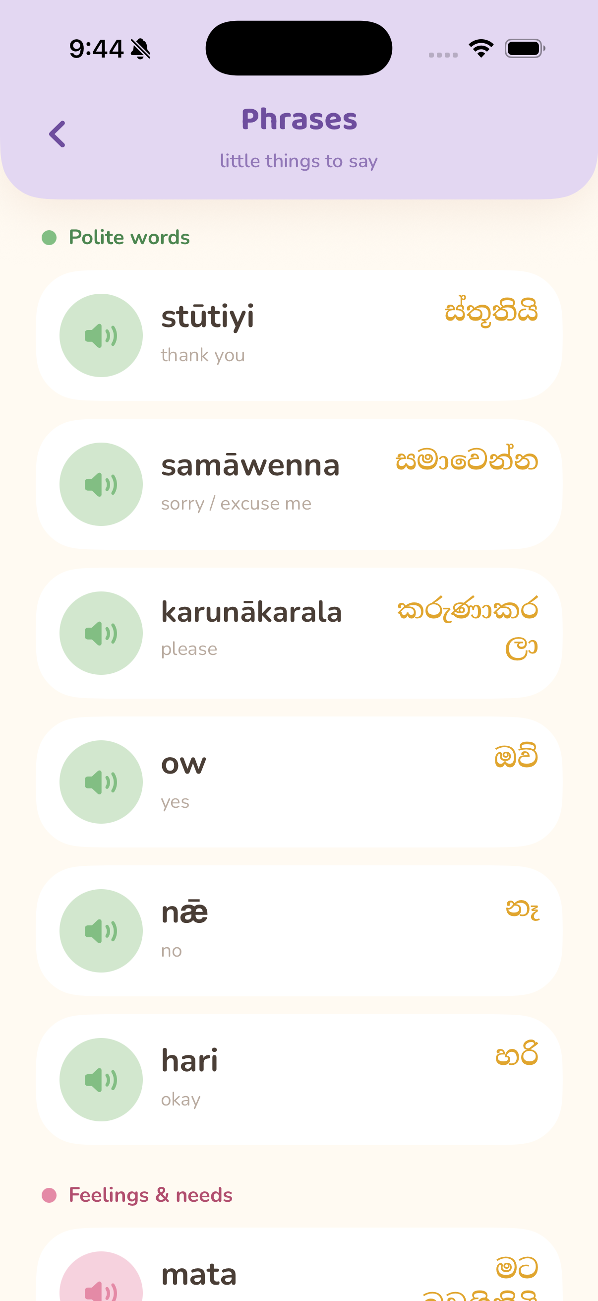 Mobile app screen displaying phrases in a language with English translations for polite words such as thank you, sorry, please, yes, no, and okay.