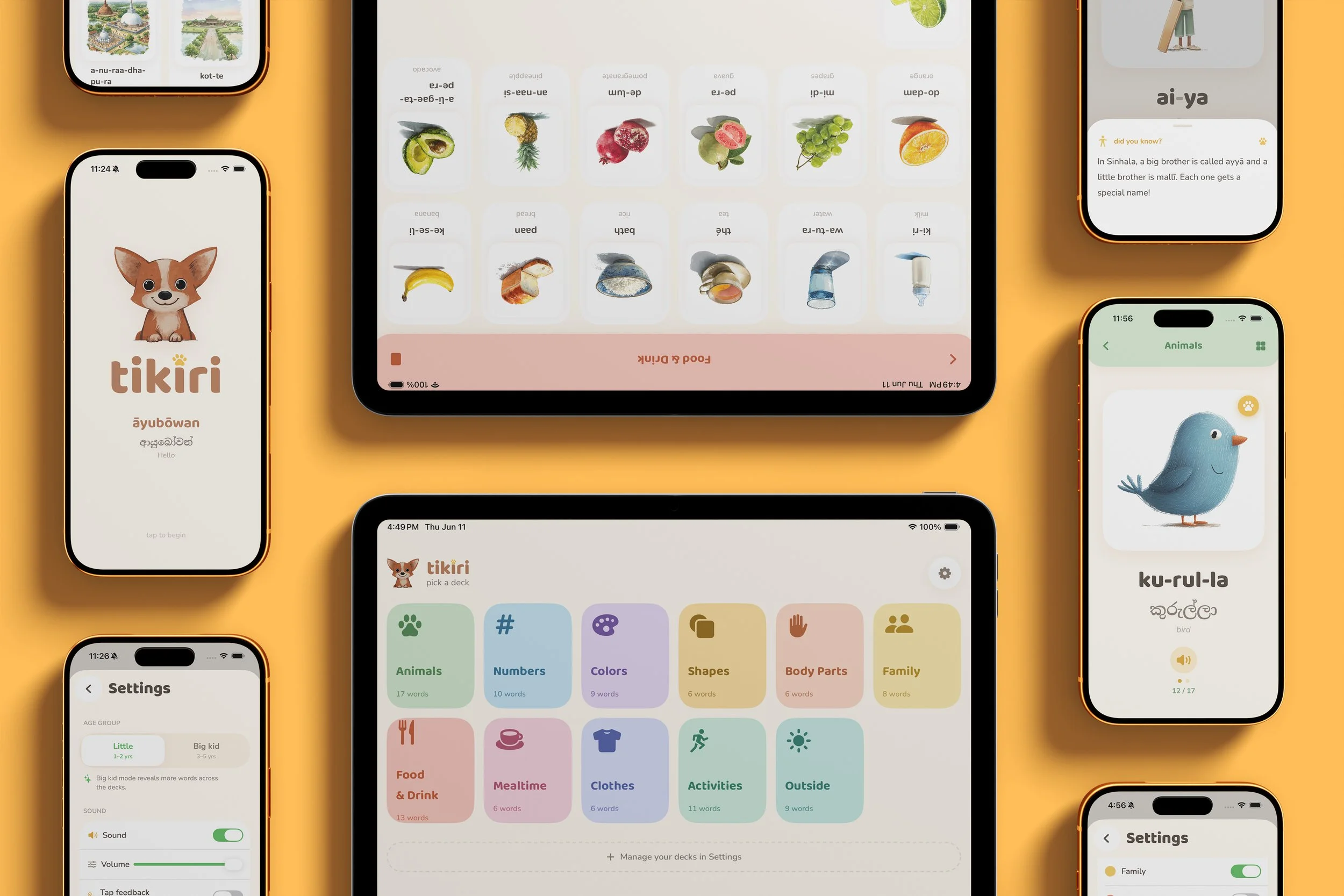 A collection of smartphone screens displaying various educational and language learning apps, featuring colorful icons, animal illustrations, language translations, and settings menus on a yellow background.