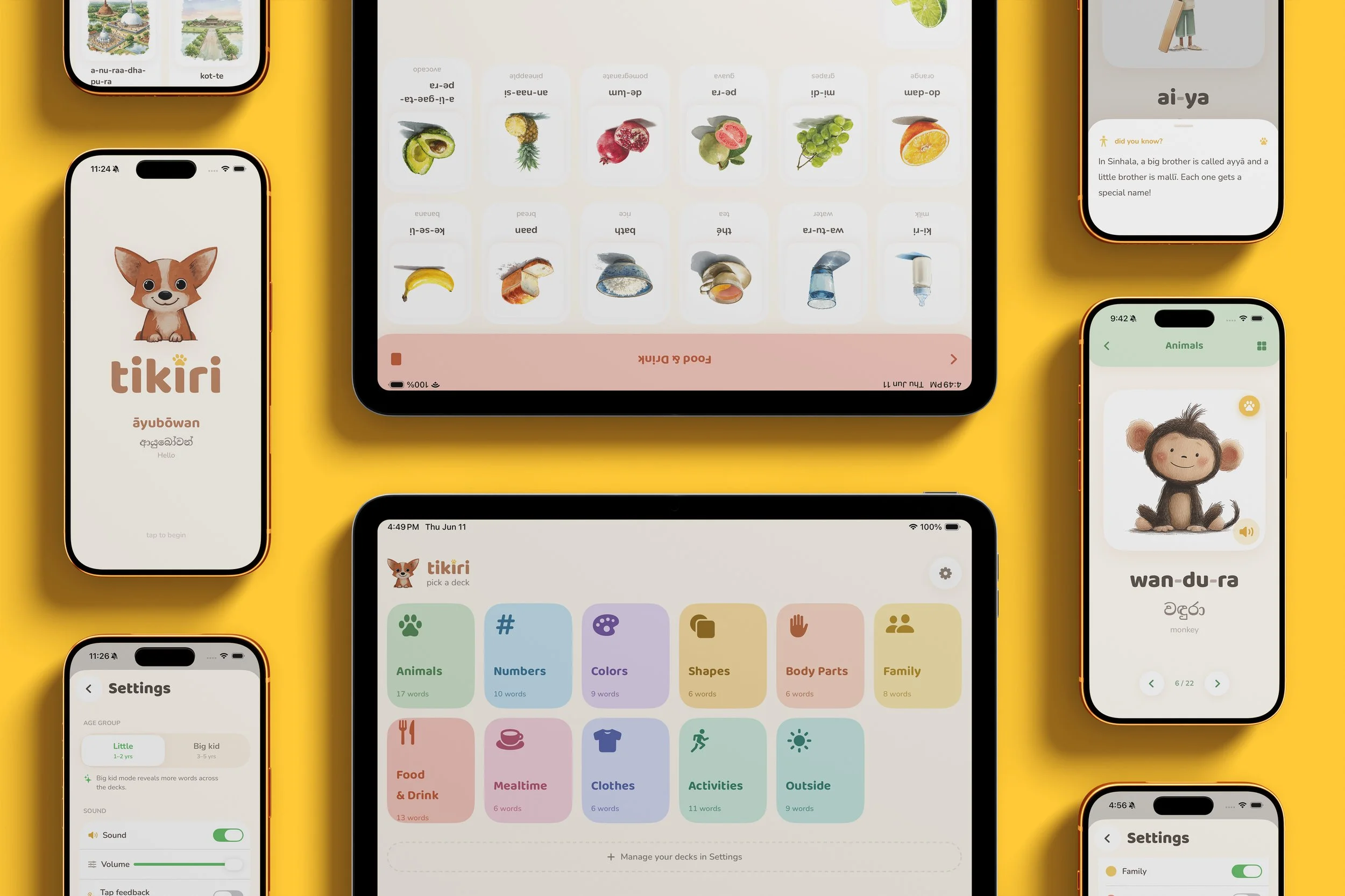 Multiple smartphones displaying educational apps and language learning interfaces on a yellow background.