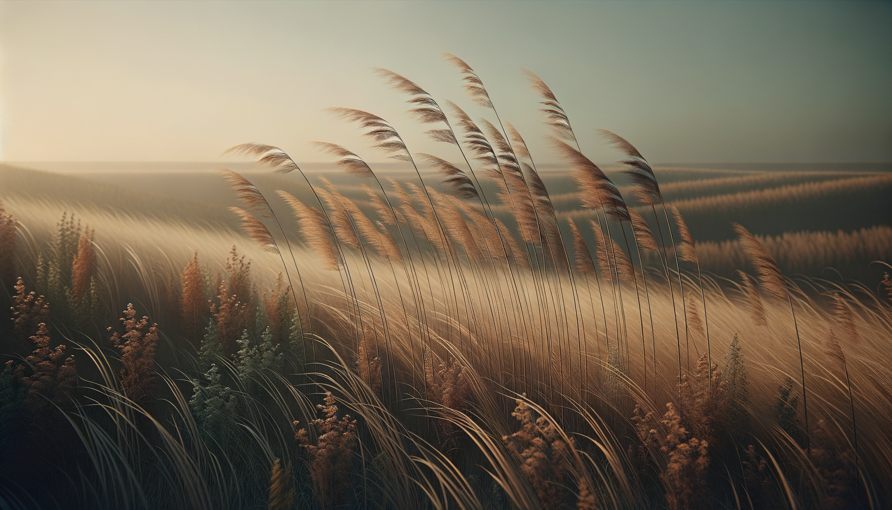 A field of tall grasses and wildflowers illuminated by warm sunlight, with a soft focus and a hazy horizon in the distance.