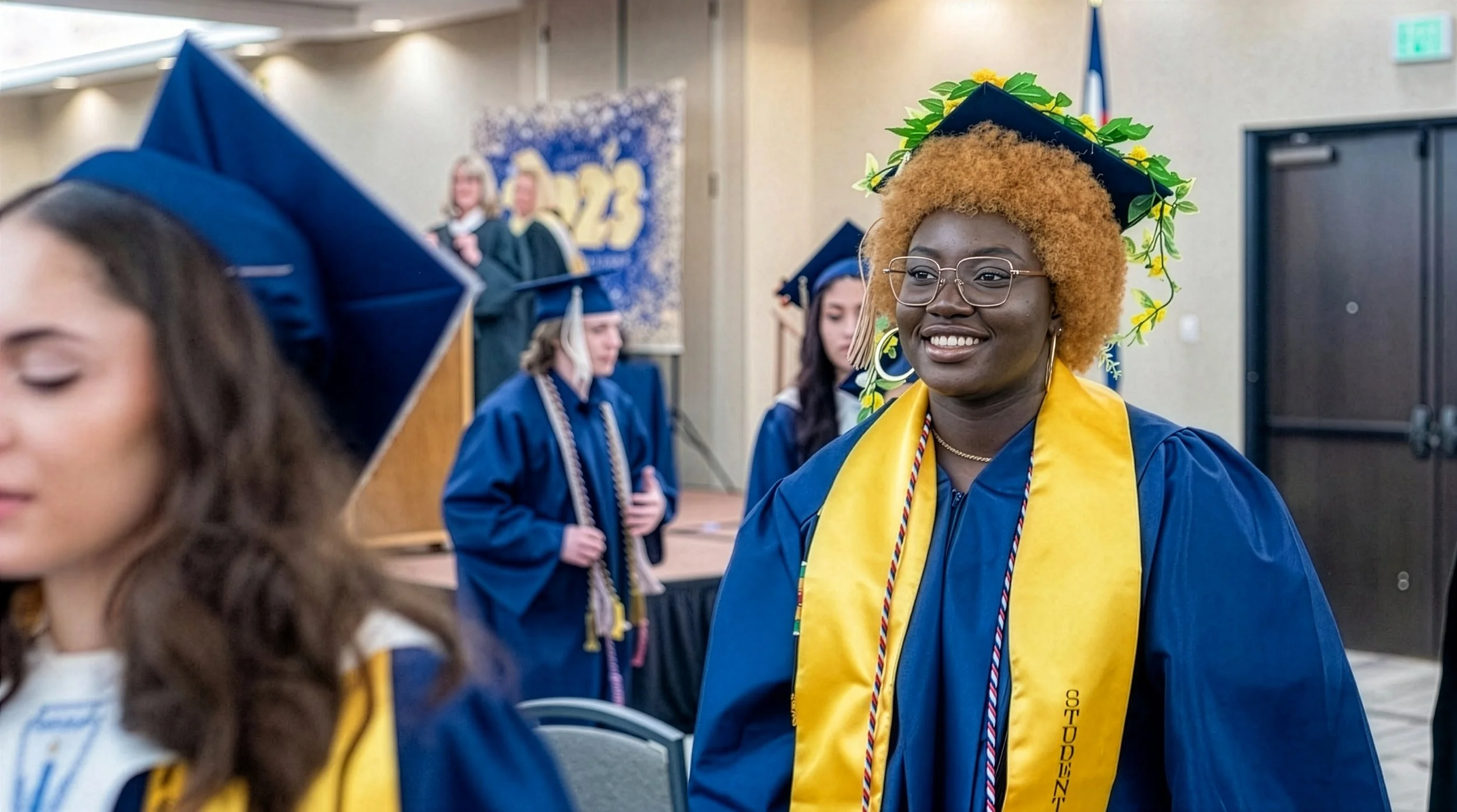 Smiling graduate wearing glasses, a decorated cap with leaves and flowers, and a yellow stole at a graduation ceremony.