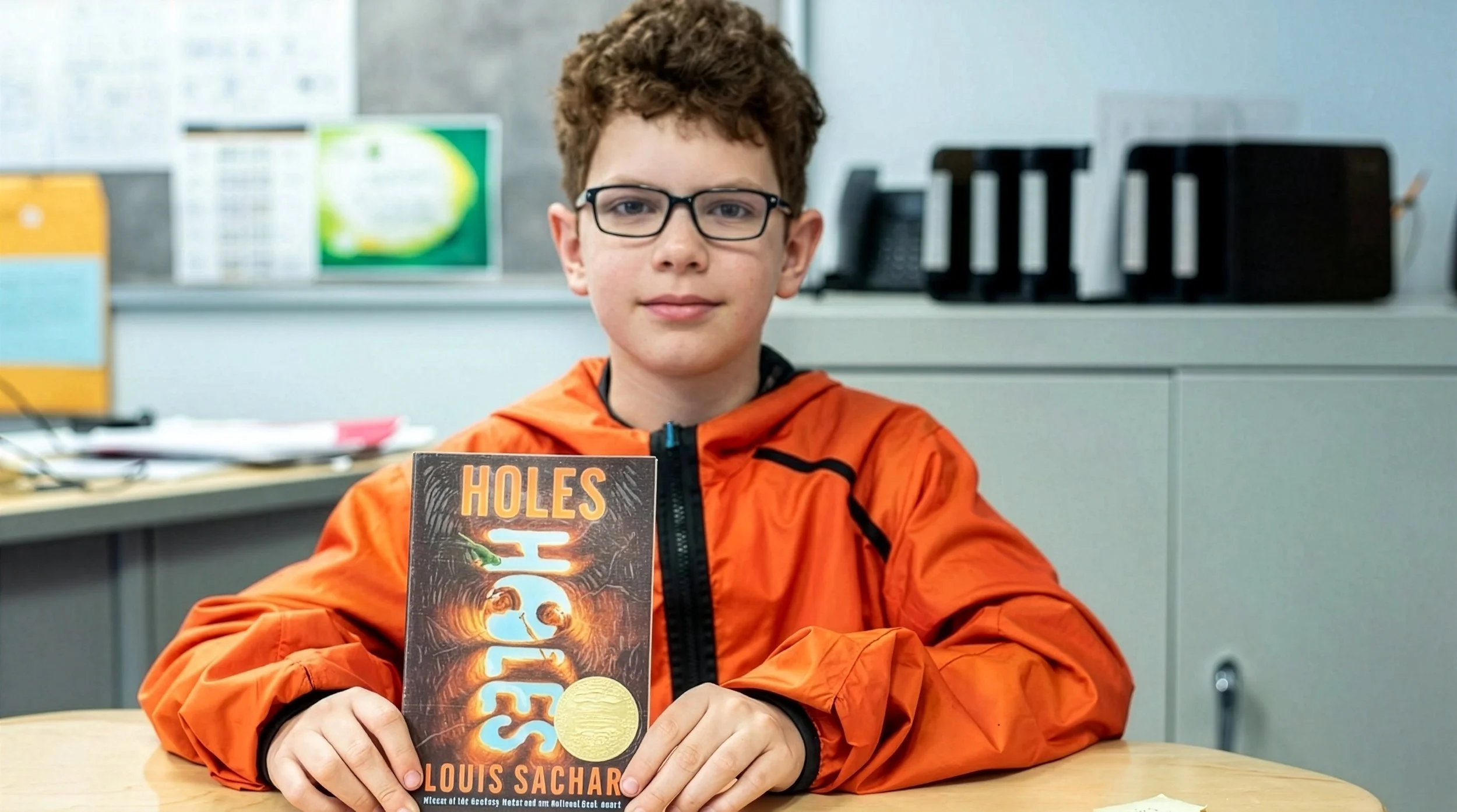 A young boy with glasses and curly hair is sitting at a table in an office, holding a copy of the book 'Holes' by Louis Sachar.
