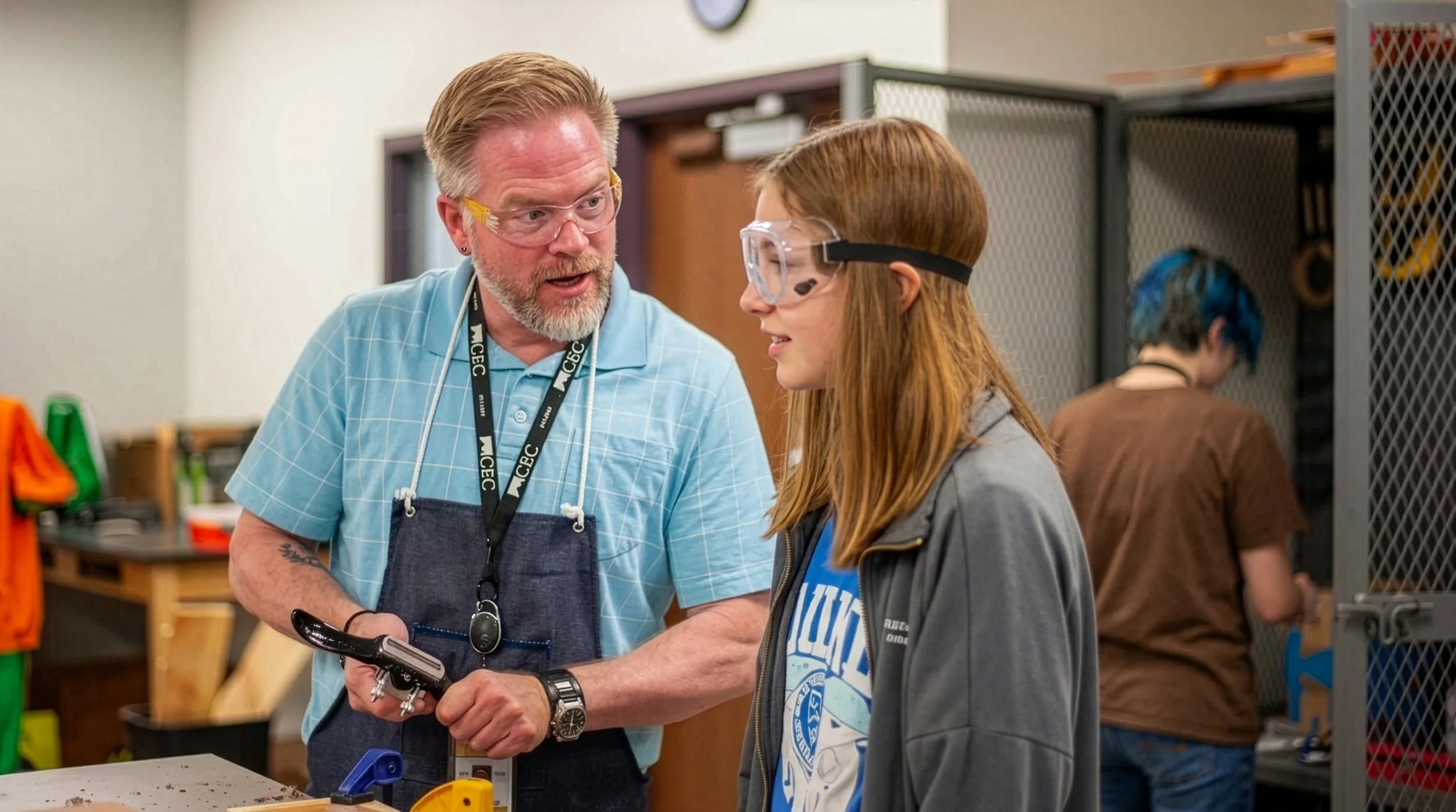 An older man with glasses and a beard talking to a young woman with glasses and red hair in a workshop setting. Both are wearing safety glasses. The man is holding a power drill, and they are engaged in conversation. There are lockers and tools in the background.
