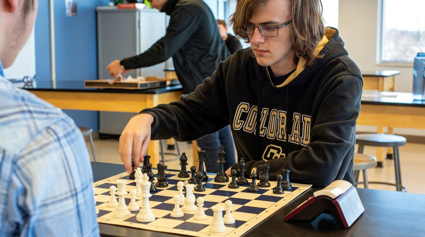 Young man with glasses making a move in a chess game at a classroom table, with a chess clock beside the board.
