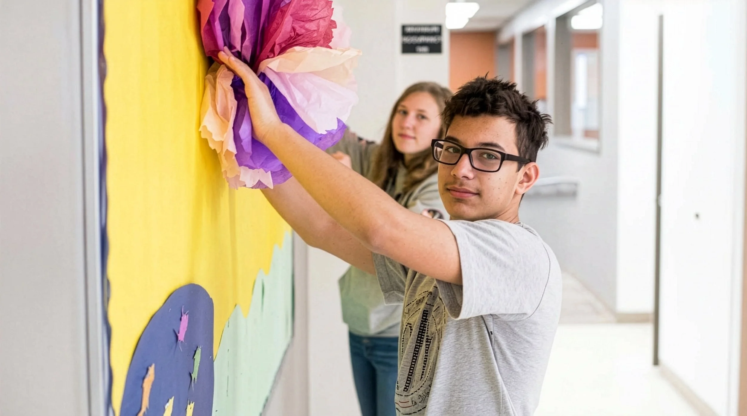 Two students, a male and a female, stick colorful tissue paper decorations onto a yellow bulletin board in a hallway.