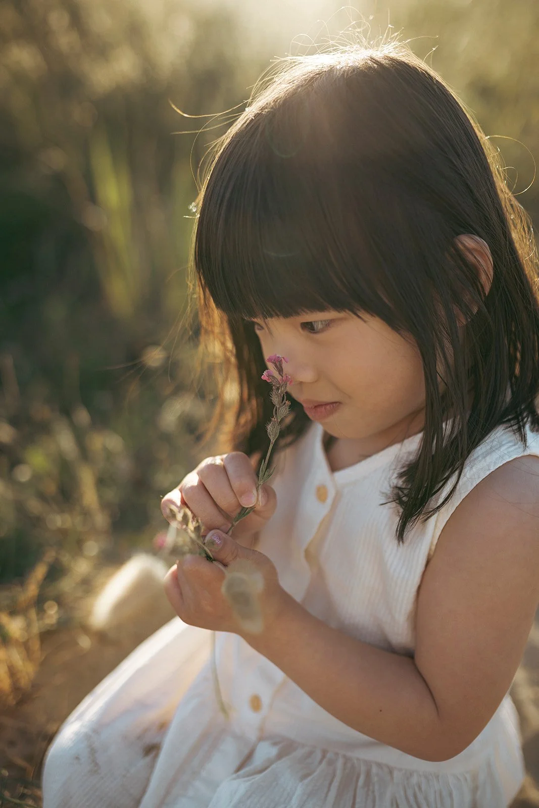 A young girl with dark hair in a white dress holding and smelling a small purple flower in a natural outdoor setting during golden hour.