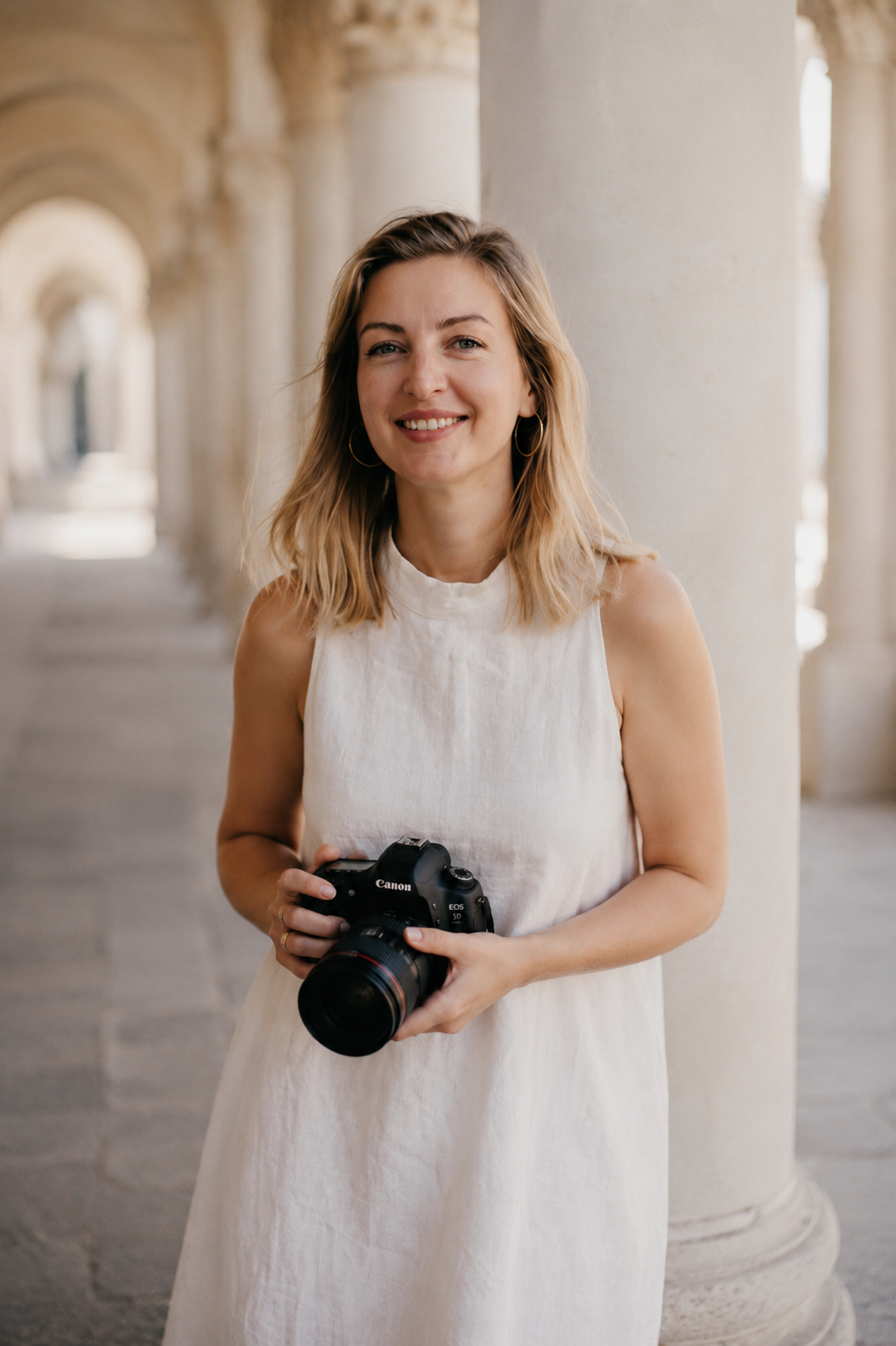 A woman with shoulder-length blonde hair, hoop earrings, and a sleeveless white dress holds a Canon camera while standing next to a large stone column, with an arched corridor in the background.