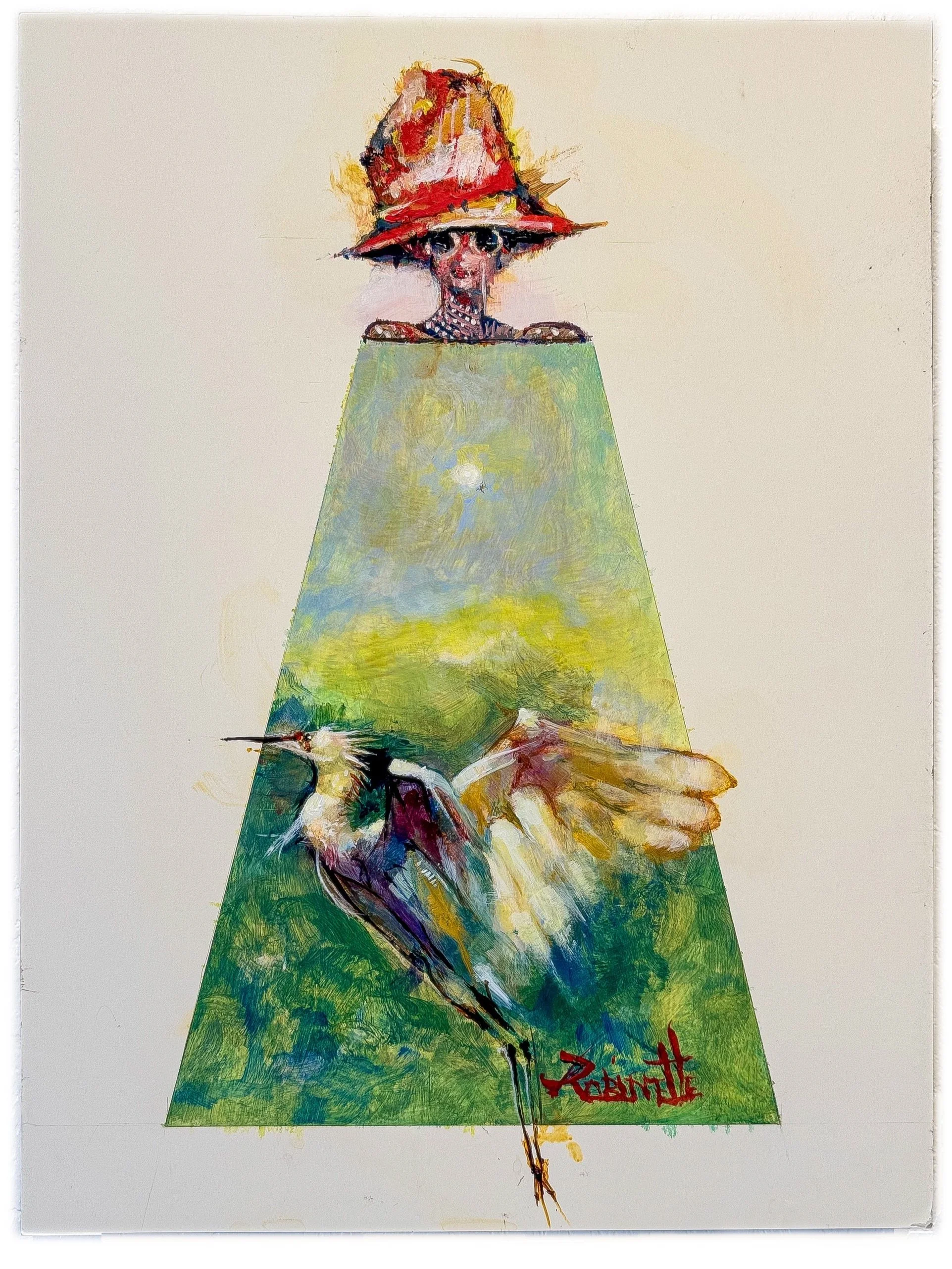 A colorful painting of a person wearing a red hat with art supplies and a green surface below, signed with red text.